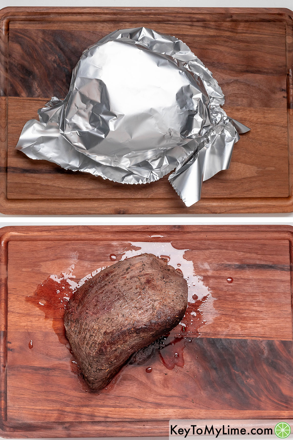 Tenting the sirloin with aluminum foil on a cutting board and resting to reabsorb the juices.
