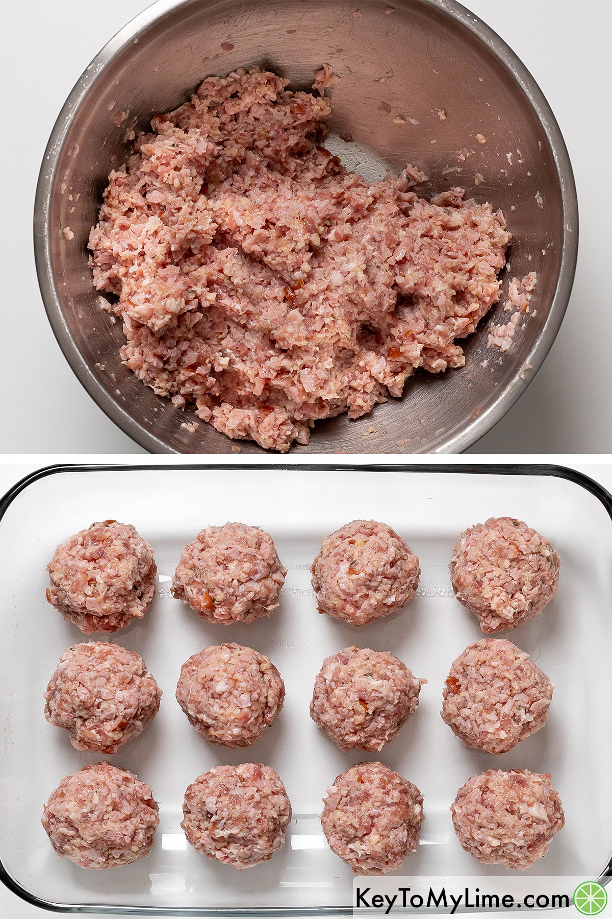 Thoroughly mixing the ham ingredients together in a large mixing bowl, and then placing the uniform balls in a casserole dish.