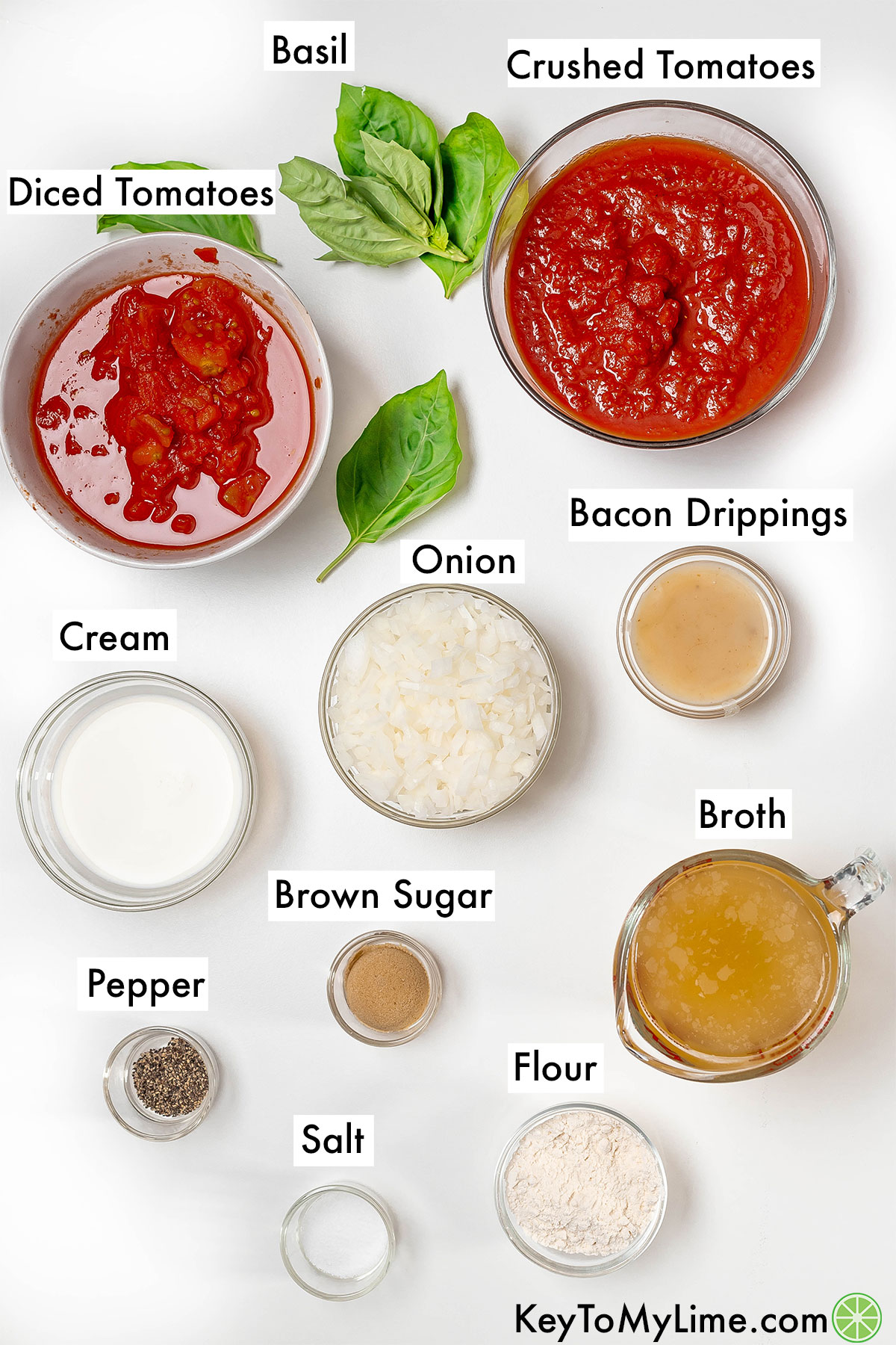 The labeled ingredients for tomato gravy recipe.