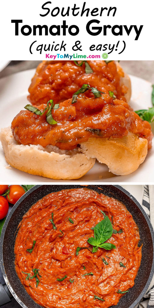 A Pinterest pin image with a picture of tomato gravy with title text at the top.