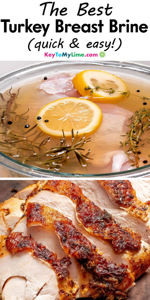 A Pinterest pin image with a picture of turkey breast brine with title text at the top.