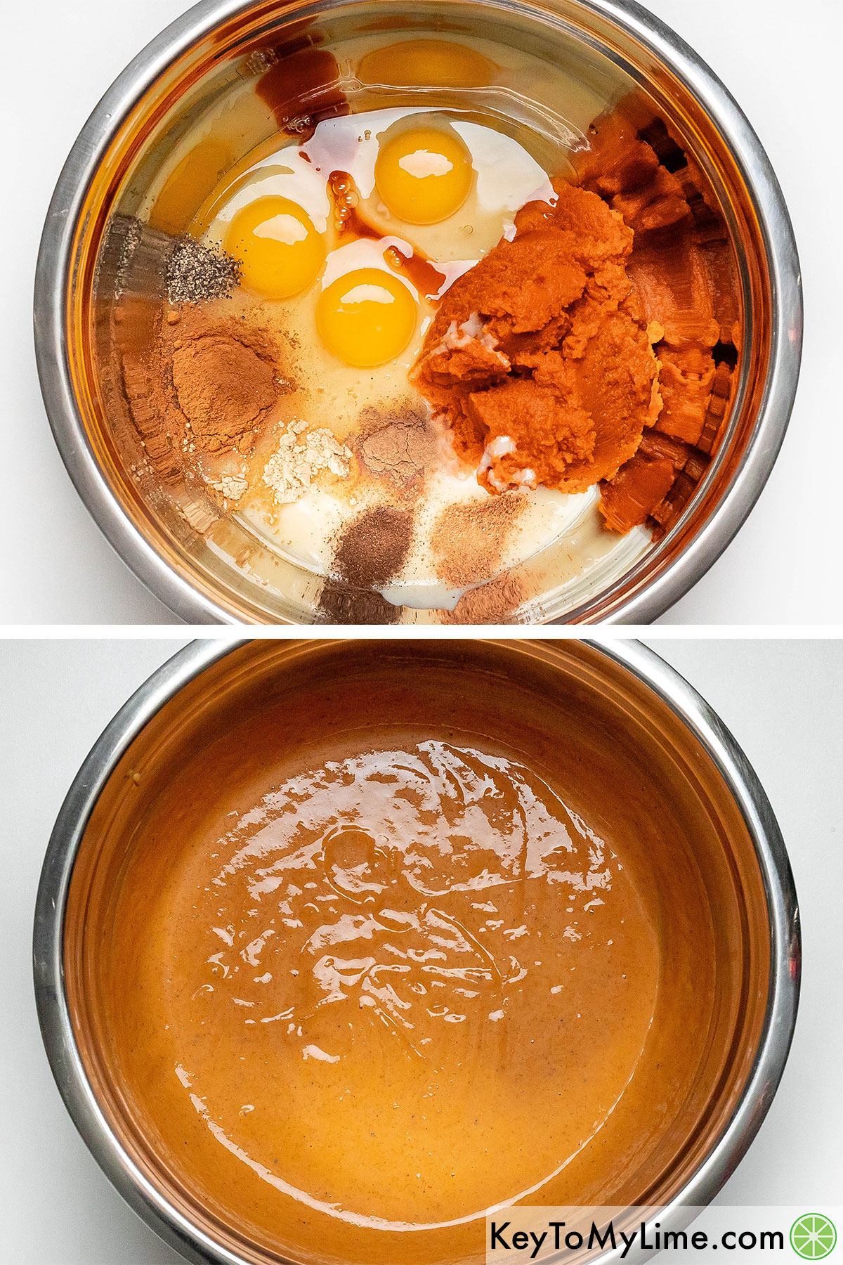 Adding eggs, milk, spices, and pumpkin puree to a large mixing bowl, and then whisking together.