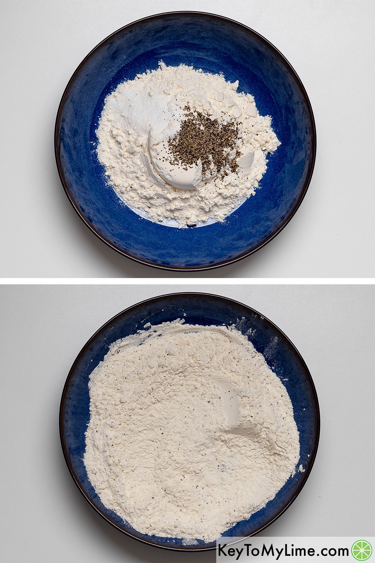 Adding flour, salt, and pepper to a shallow bowl, and then mixing together.