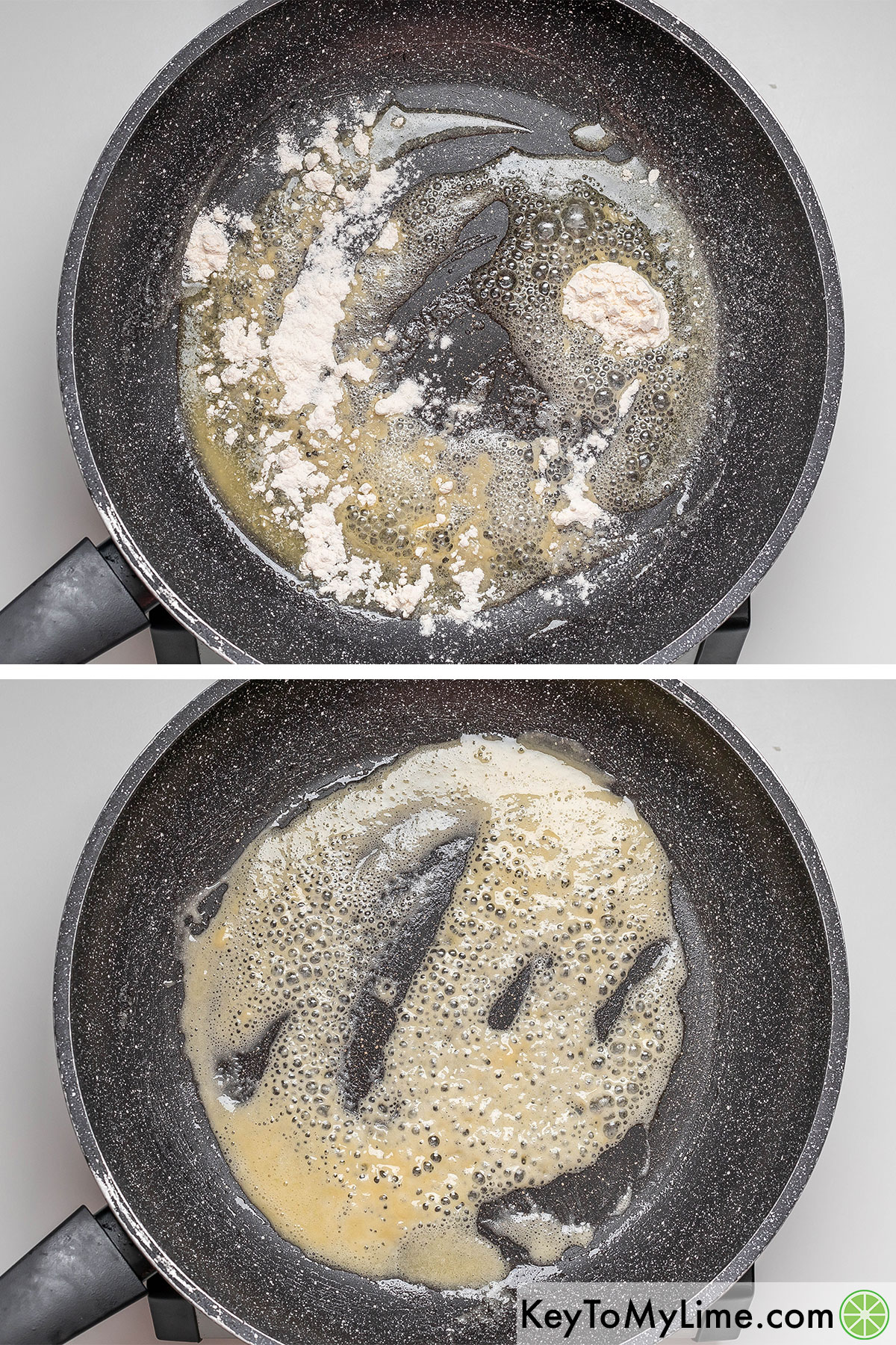Adding flour to the melted butter in a hot skillet, and then mixing to create a roux.