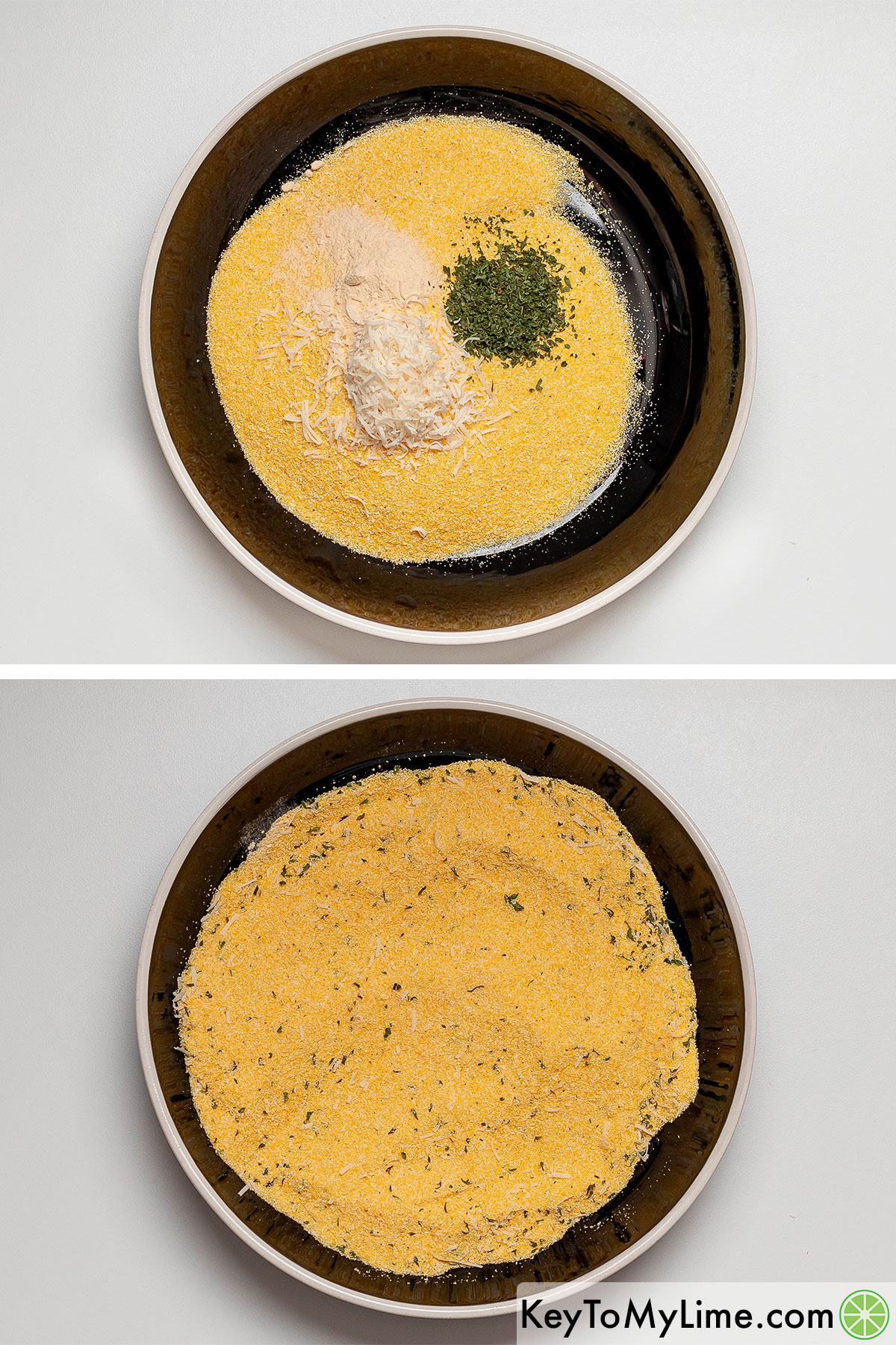 Adding garlic powder, parsley, and cornmeal to a shallow bowl, and then mixing together.