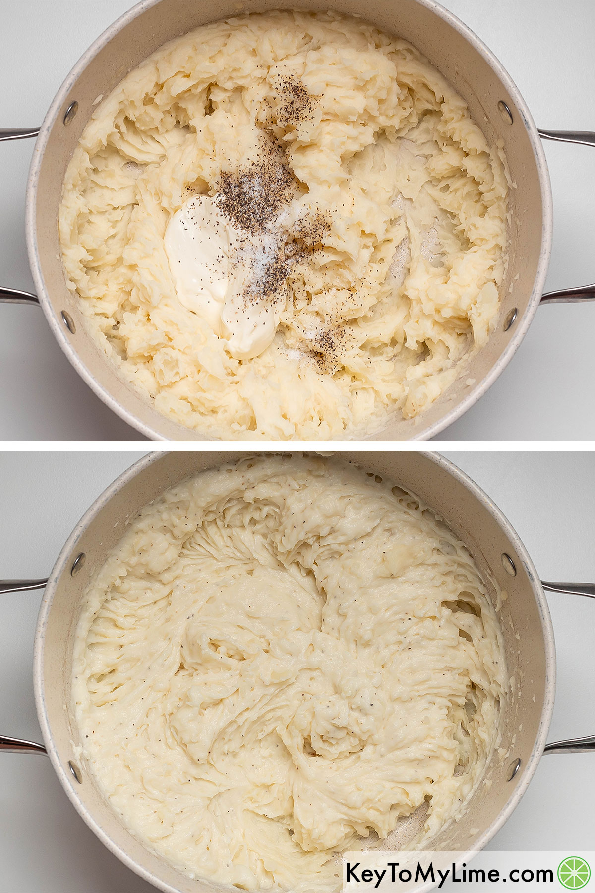 Adding sour cream, salt, and pepper to drained potatoes, and then mashing until reaching a desired consistency.