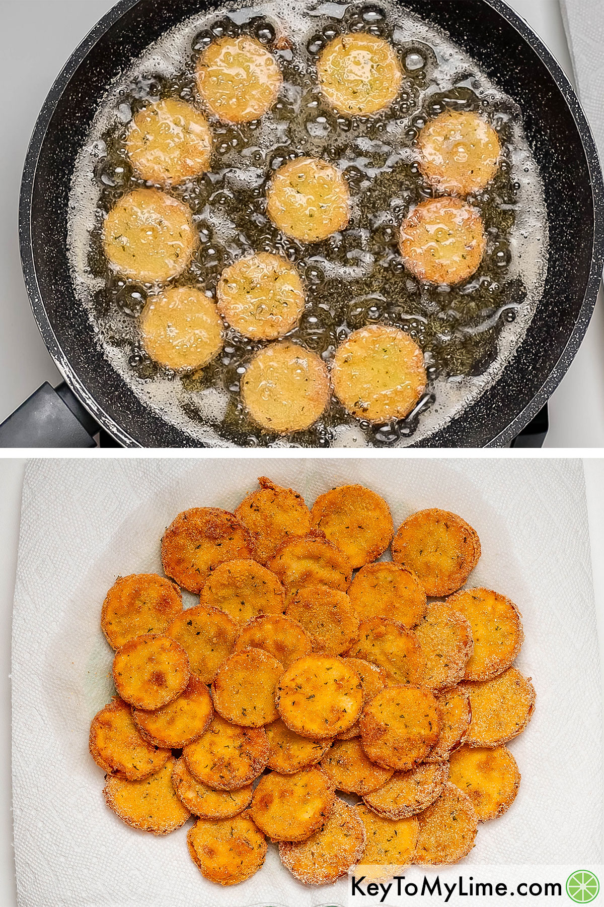 Adding and frying squash slices in hot vegetable oil in a skillet, and then transferring to a plate.