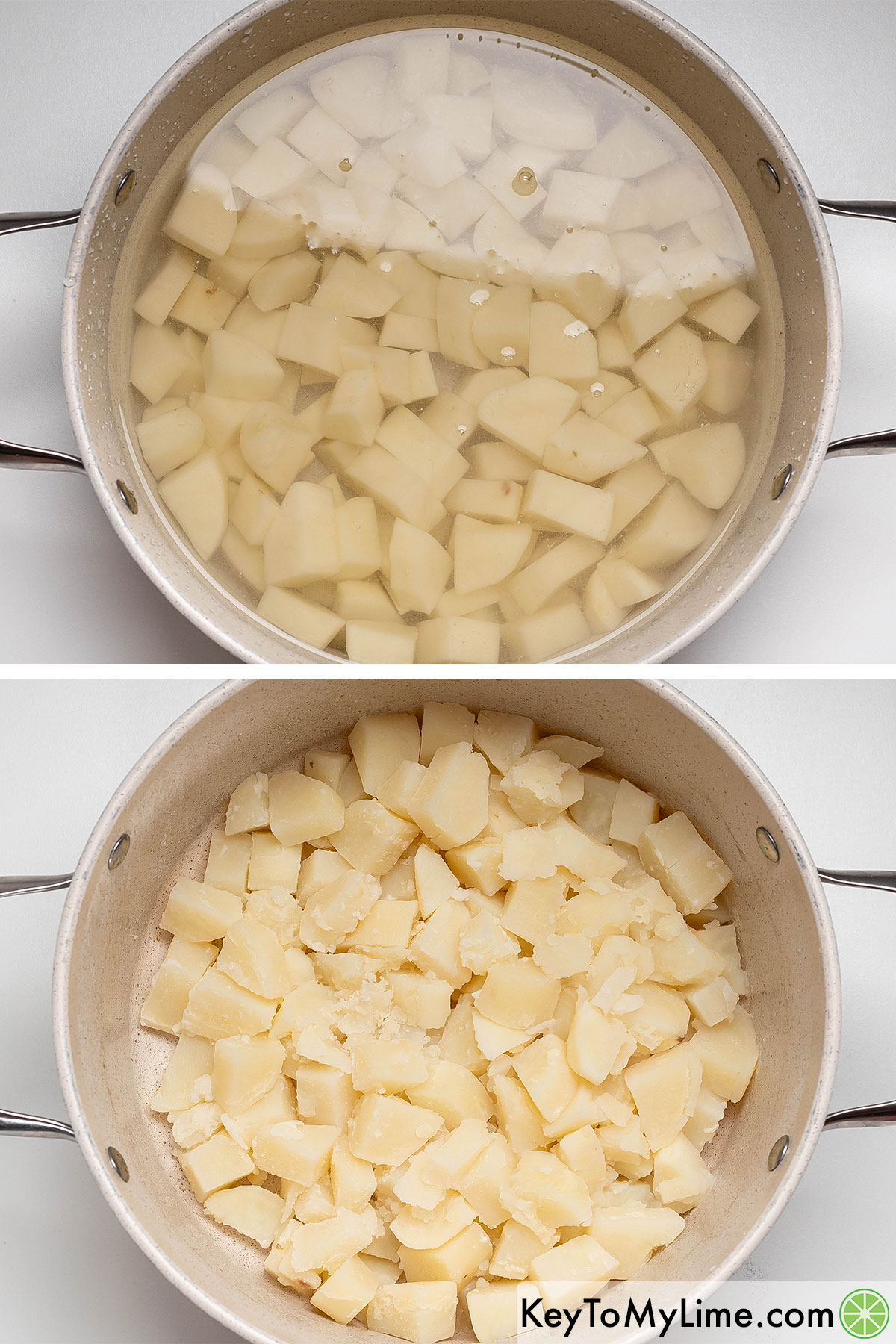 Boiling the cut up potatoes in a large pot, and then draining the potatoes and adding back.