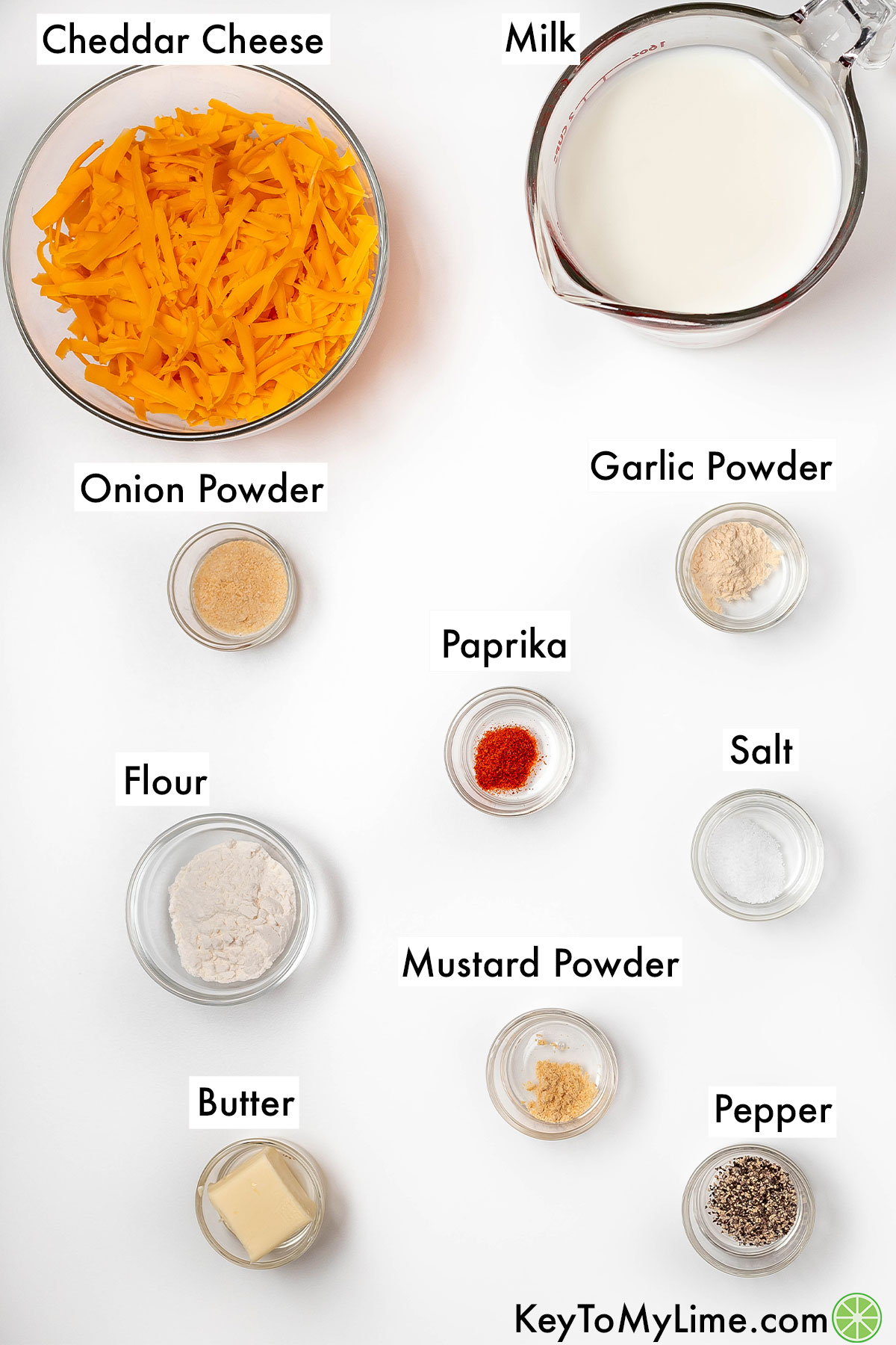 The labeled ingredients for cheese sauce for mac and cheese.
