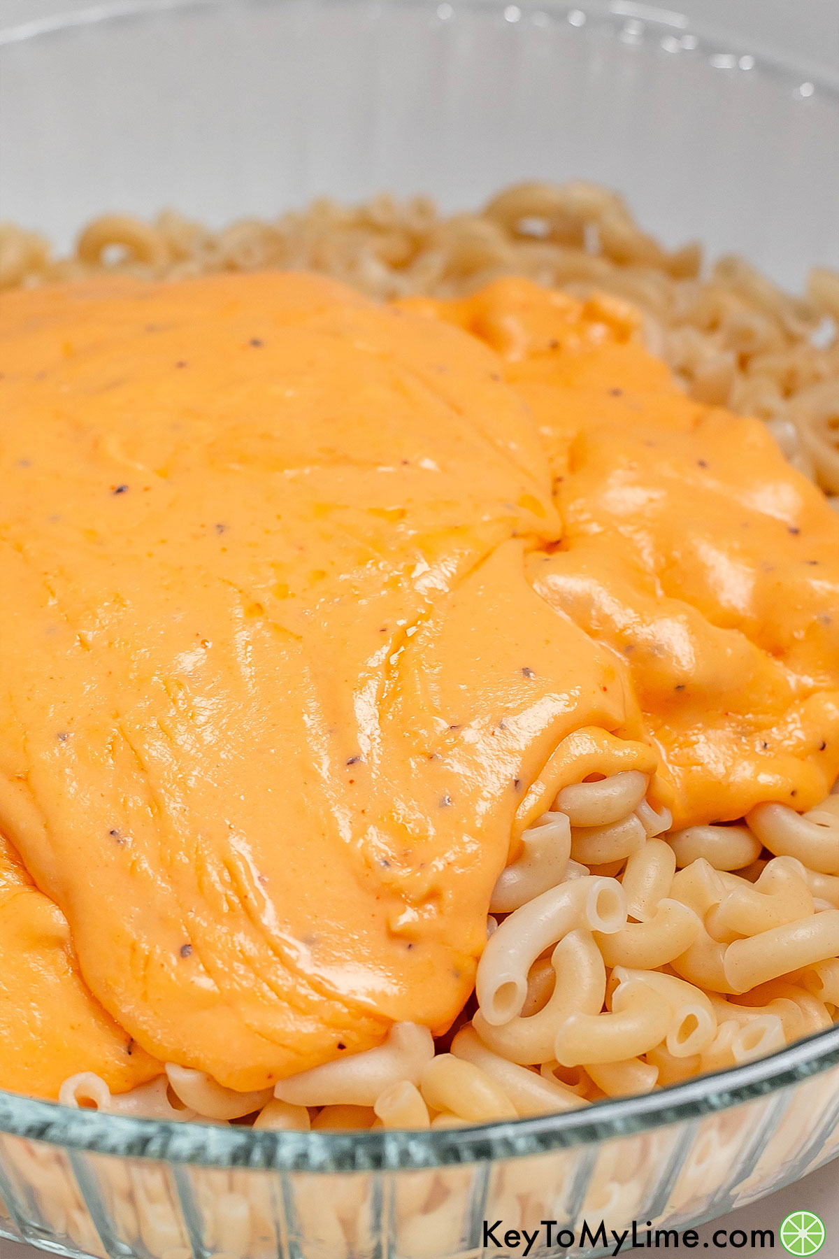 A layer of freshly made cheese sauce poured over macaroni in a large dish.