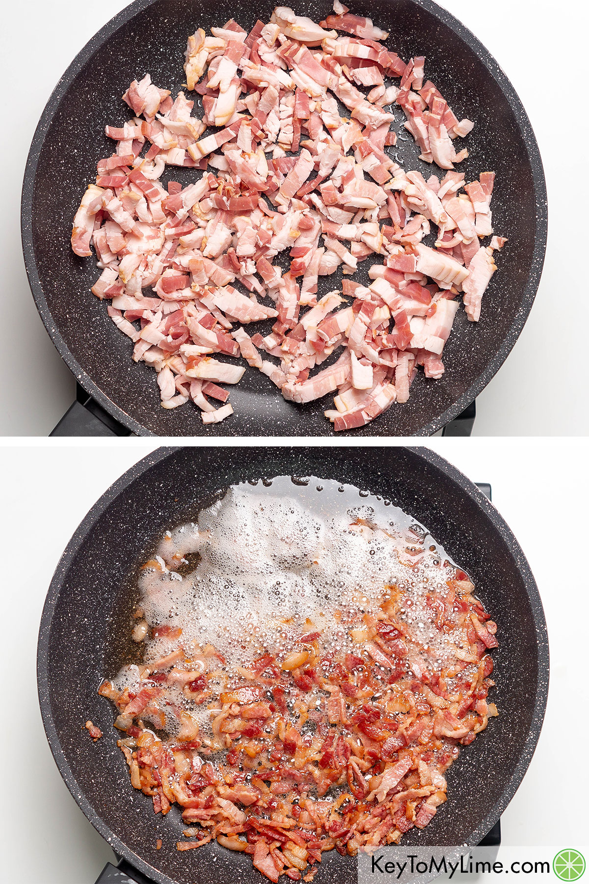 Adding bacon slices to a hot skillet and cooking until crispy.