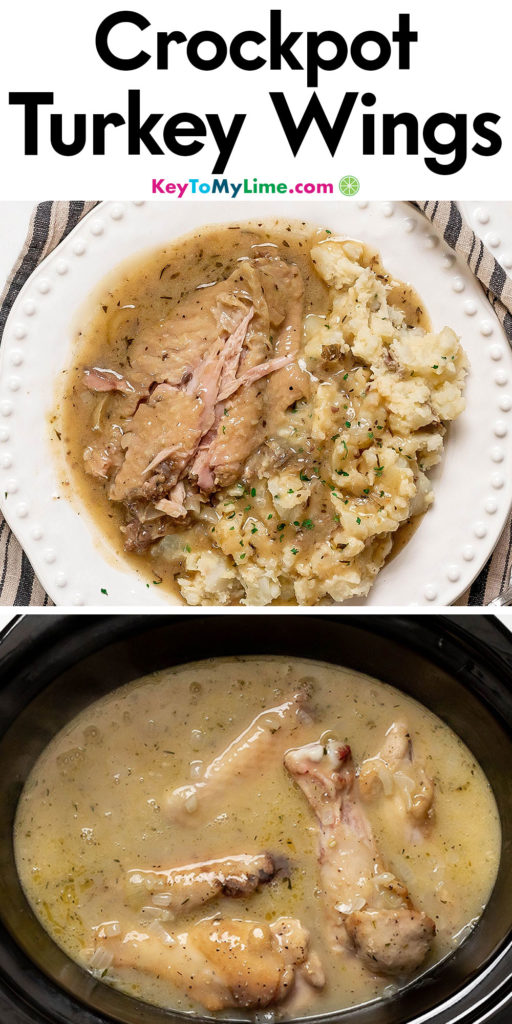 A Pinterest pin image with a picture of crockpot turkey wings with title text at the top.