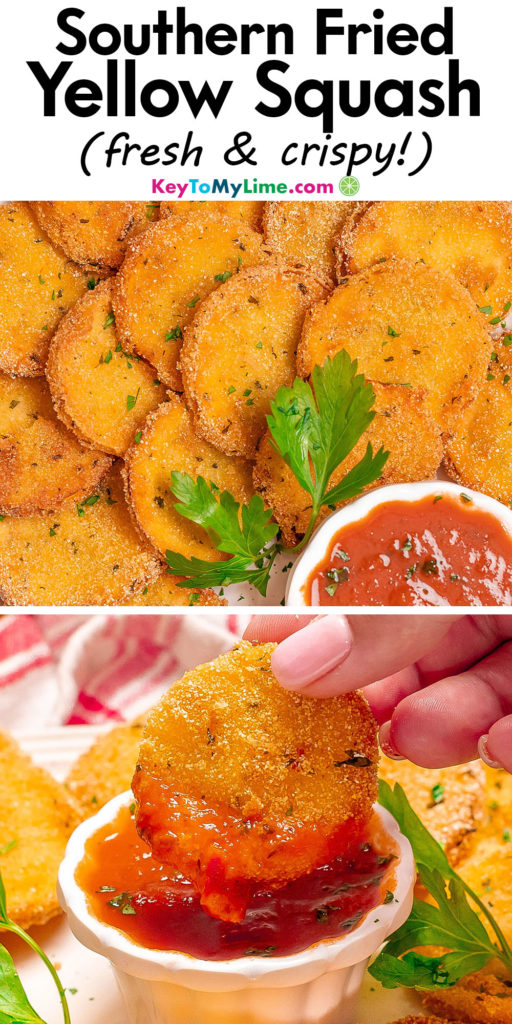 A Pinterest pin image with a picture of fried squash with title text at the top.