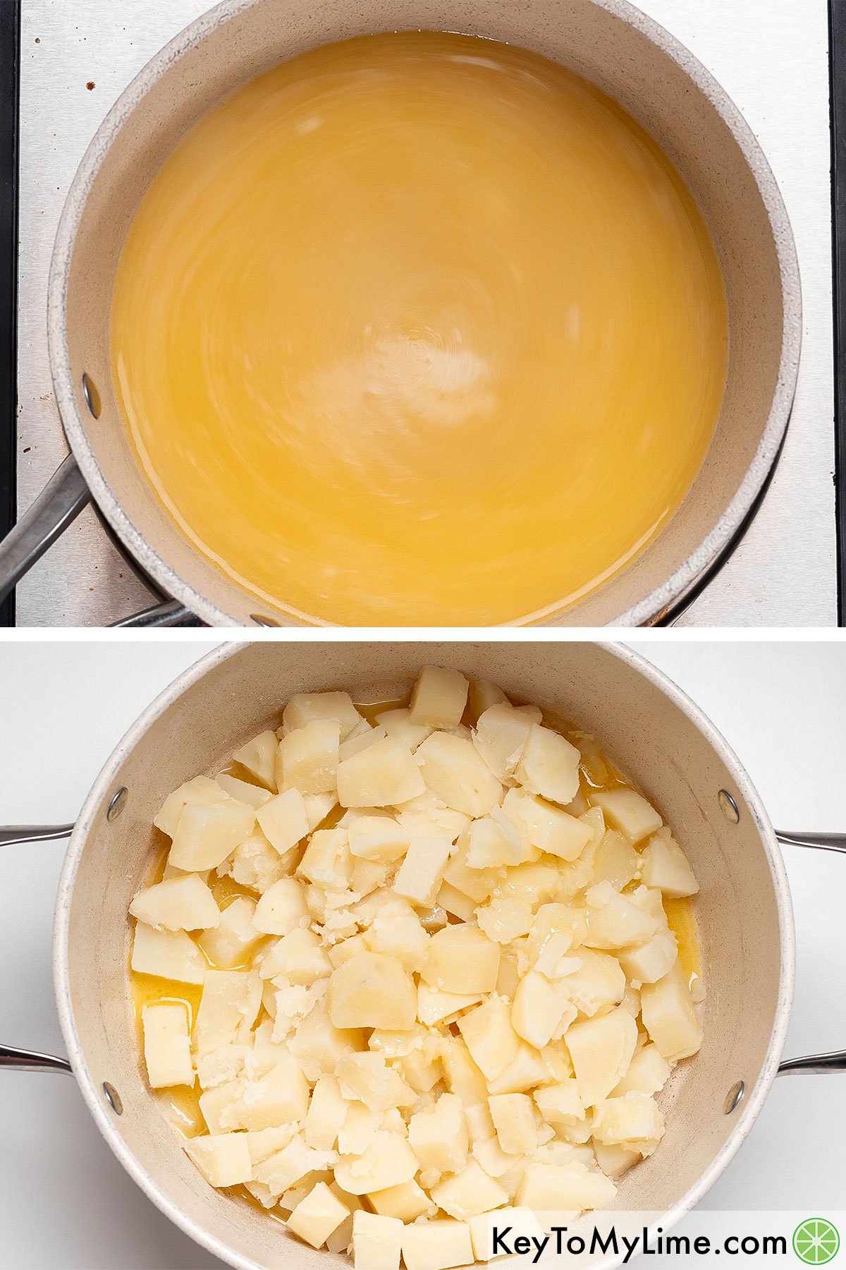 Adding the melted butter and broth mixture to the drained potatoes.