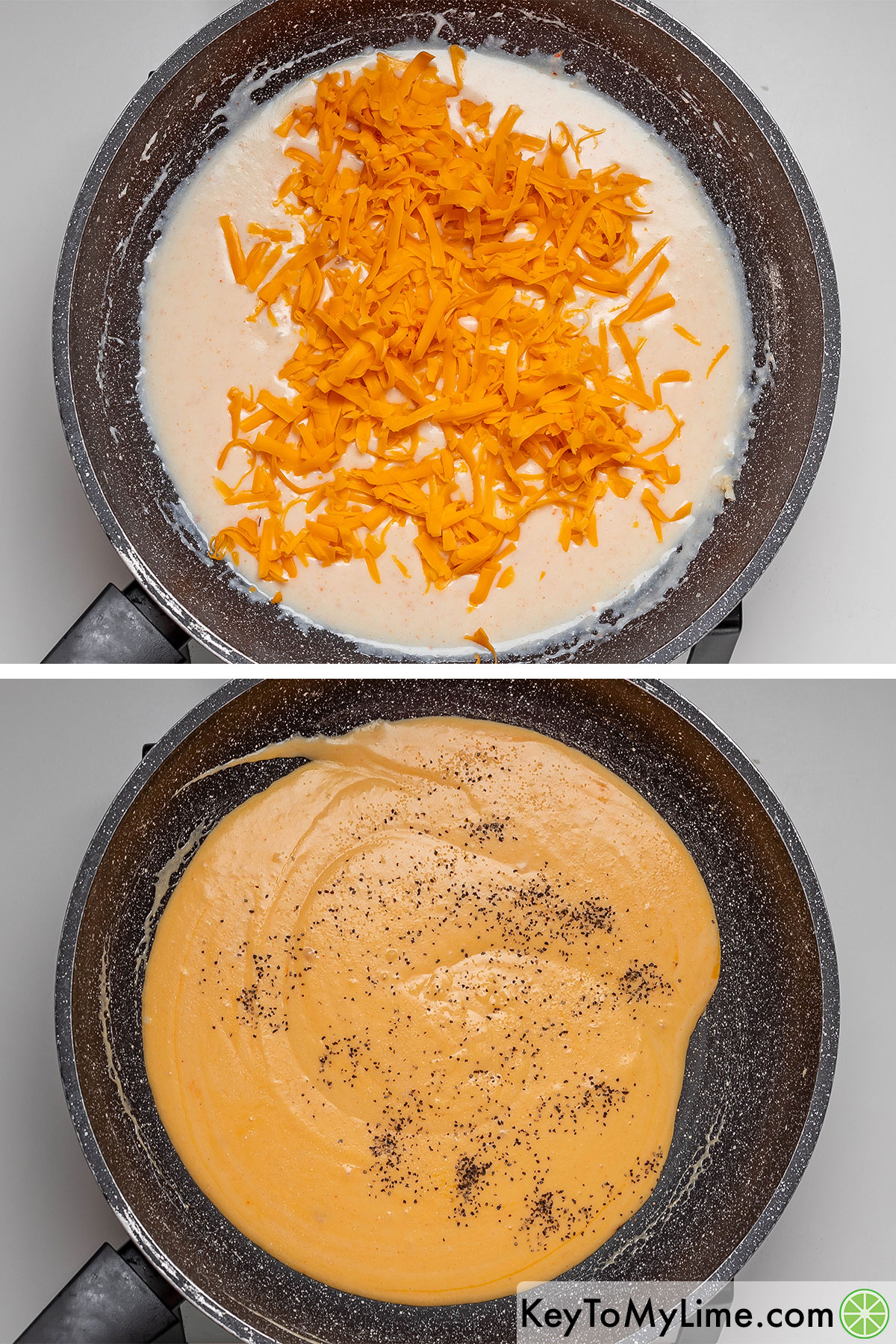 Adding shredded cheddar cheese to the milk mixture, and then stirring and adding salt and pepper.