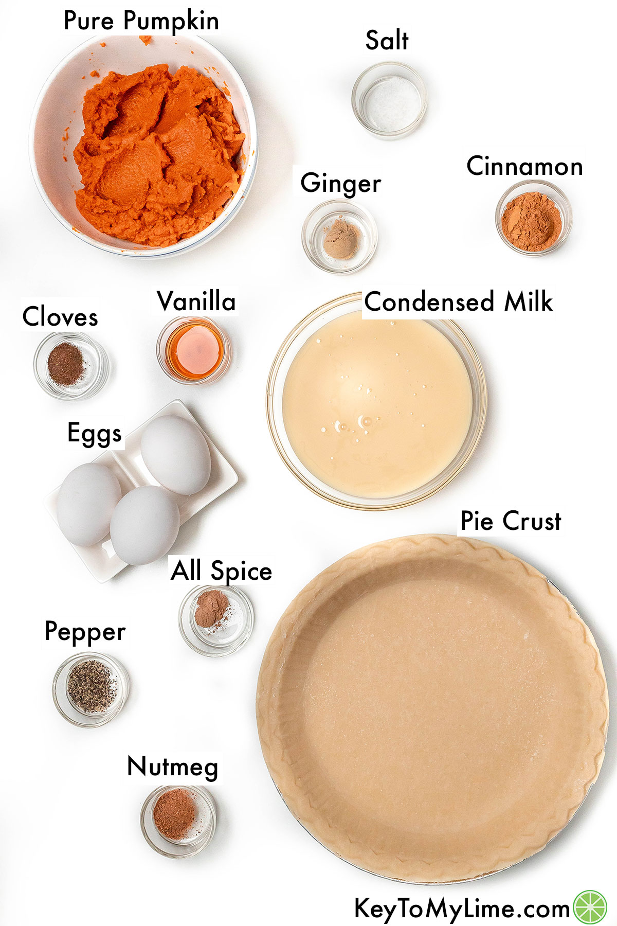 The labeled ingredients for pumpkin pie with sweetened condensed milk.