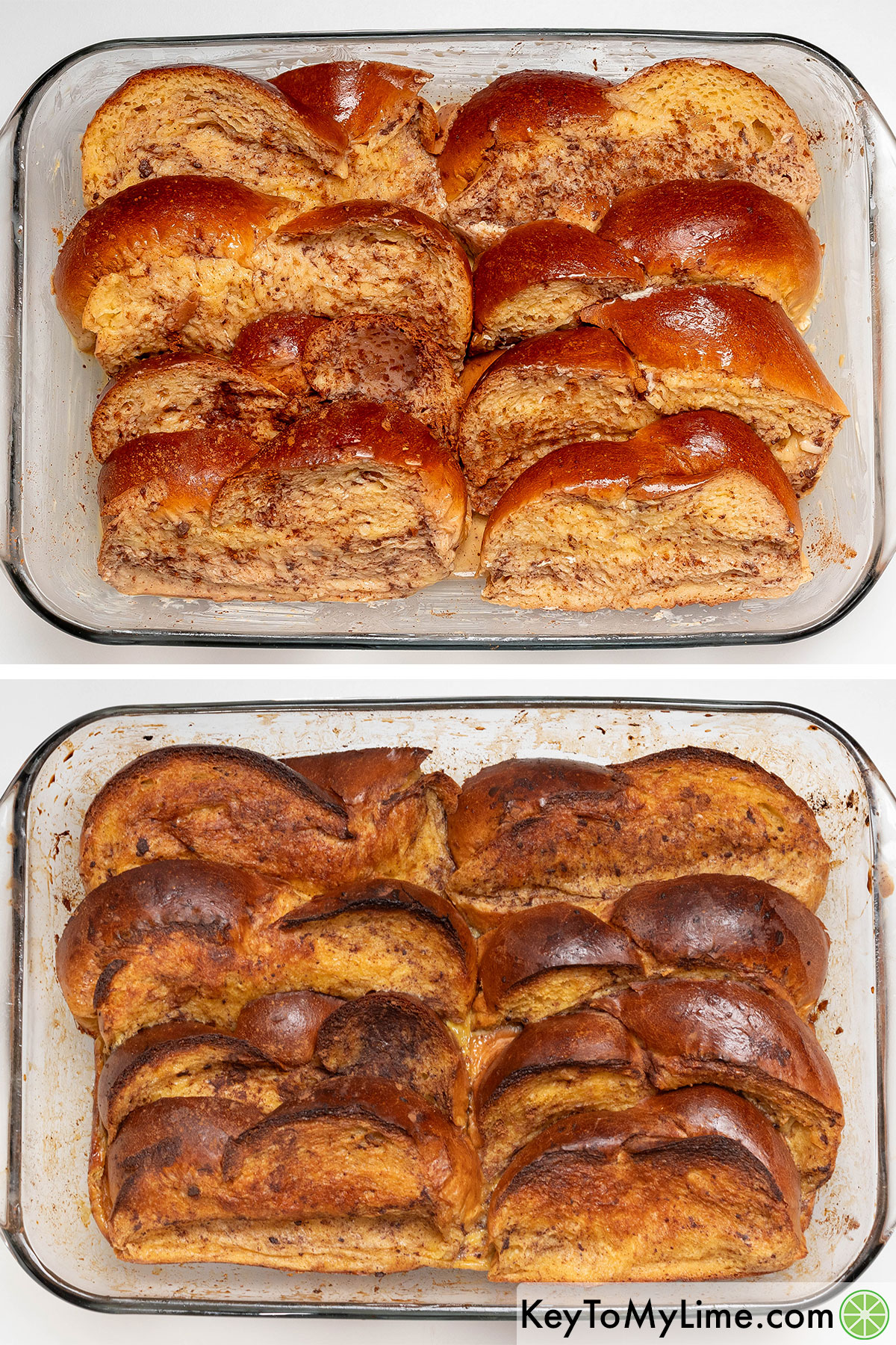 Uncovering the overnight soaked French toast, and then baking in an oven until golden.