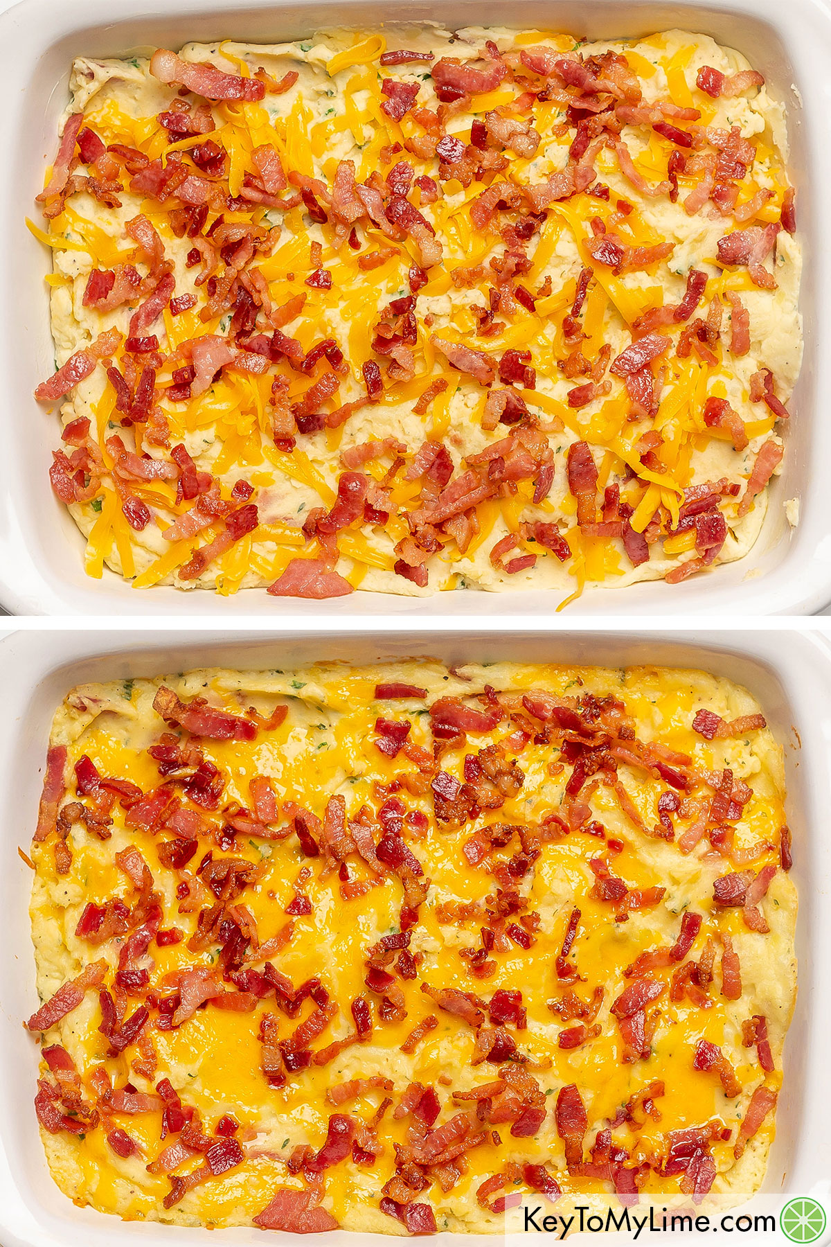 Sprinkling the remaining cheese and bacon over the potato mixture, and then baking in the oven.