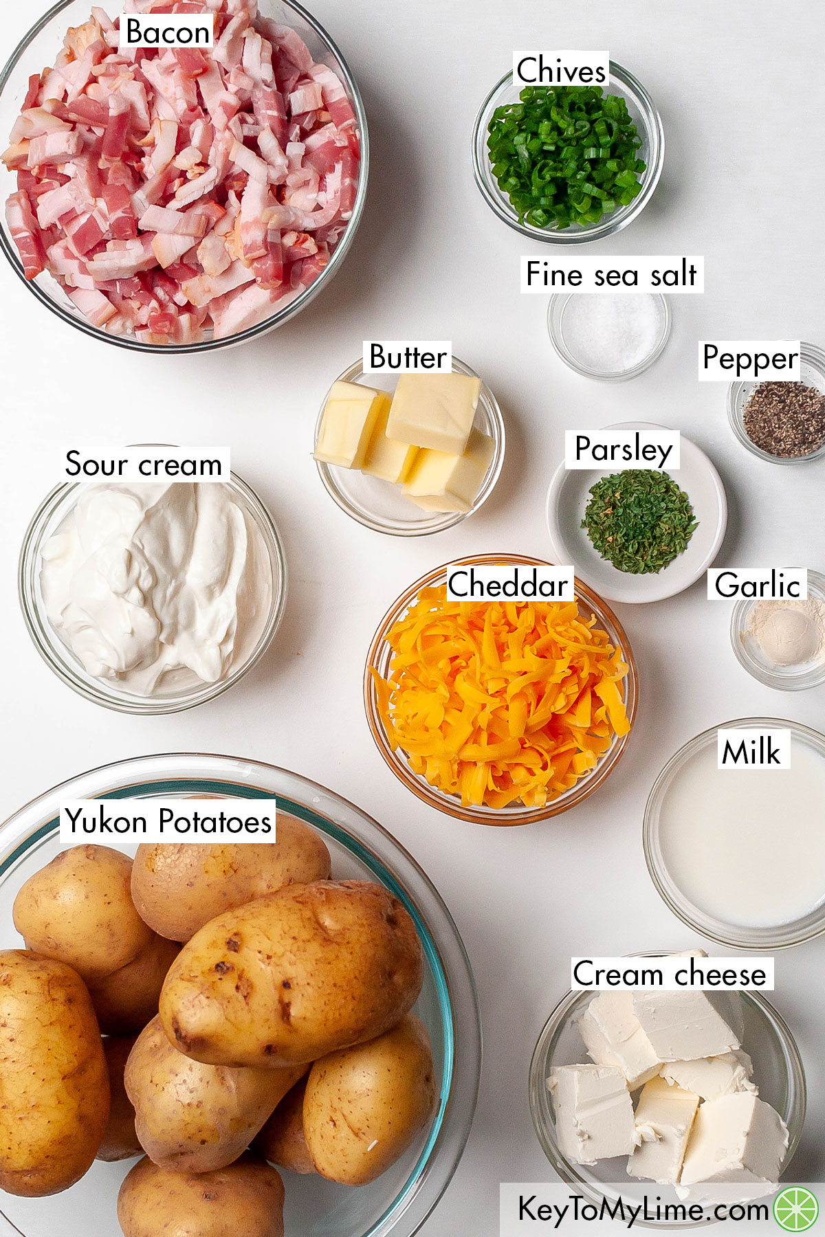 The labeled ingredients for twice baked mashed potatoes.