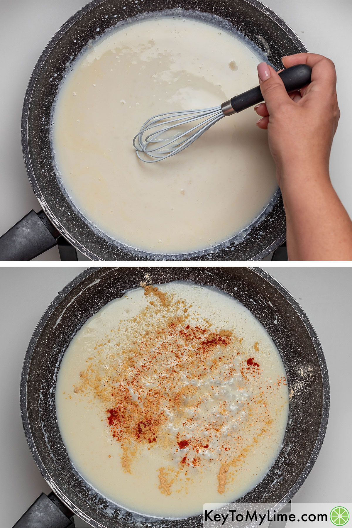 Whisking in milk into the roux, and then adding garlic, onion, and mustard powder.