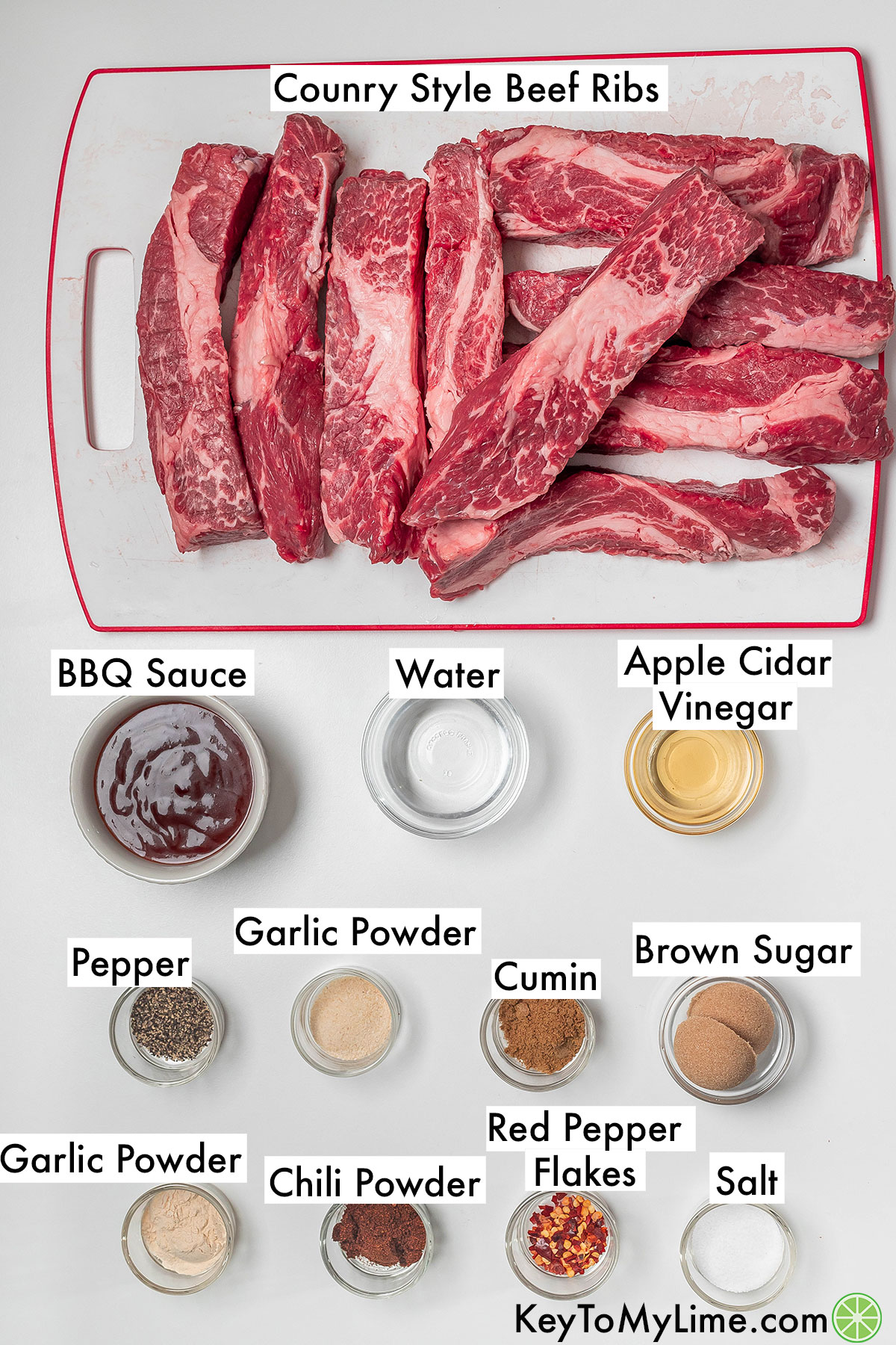 The labeled ingredients for country style beef ribs.