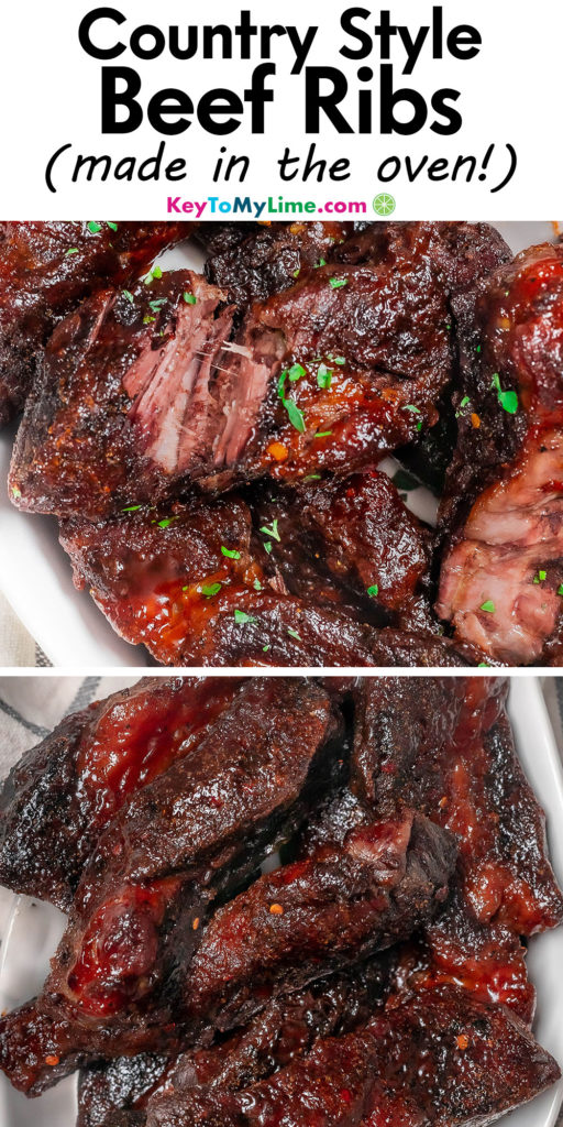A Pinterest pin image with a picture of country style beef ribs with title text at the top.
