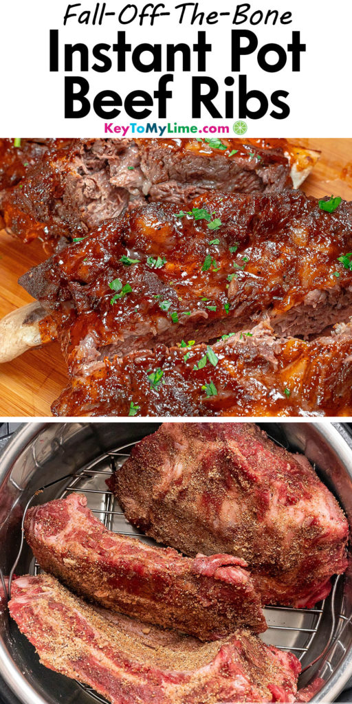 A Pinterest pin image with a picture of Instant Pot beef ribs with title text at the top.
