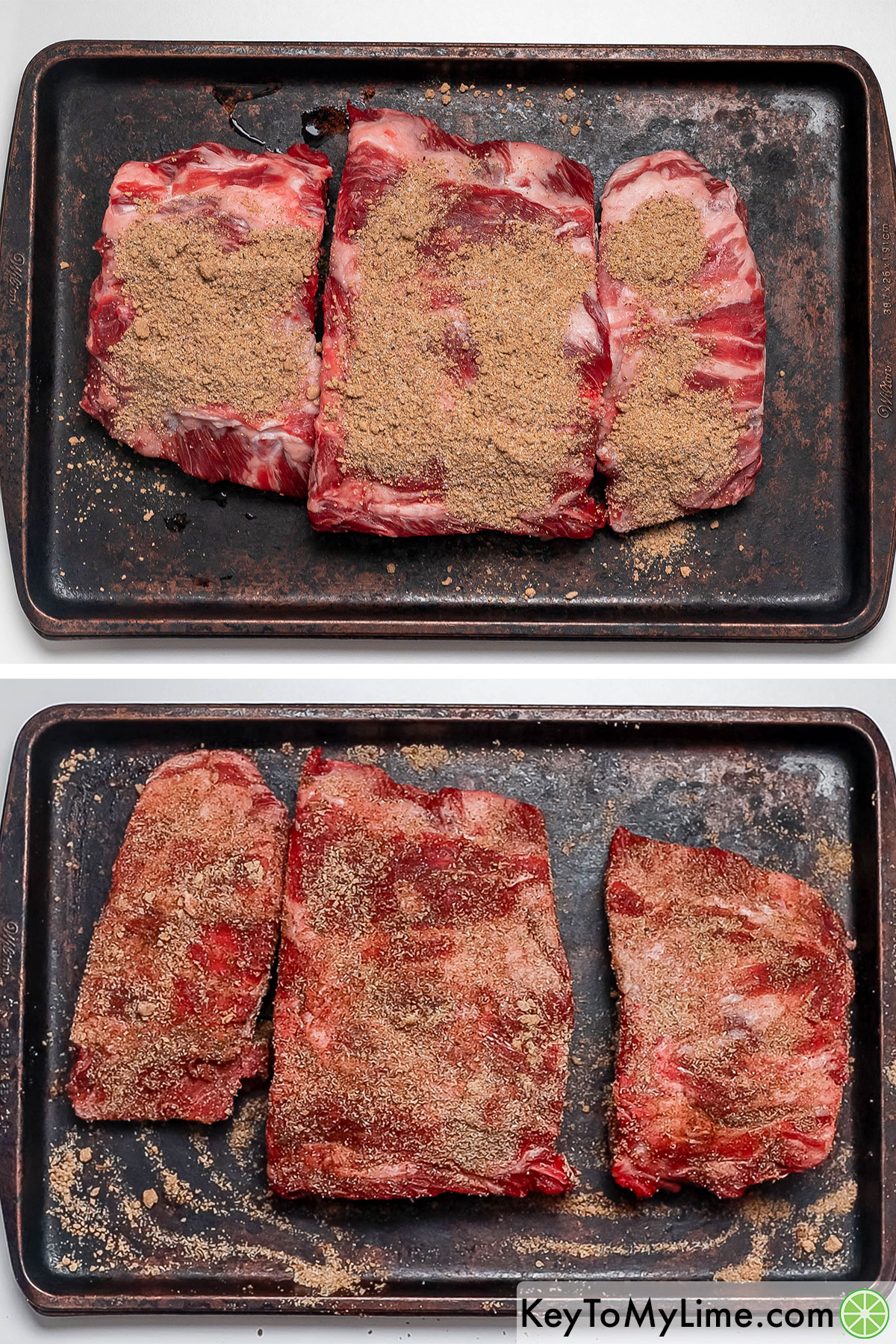 Massaging the dry rub on the ribs on a flat surface.
