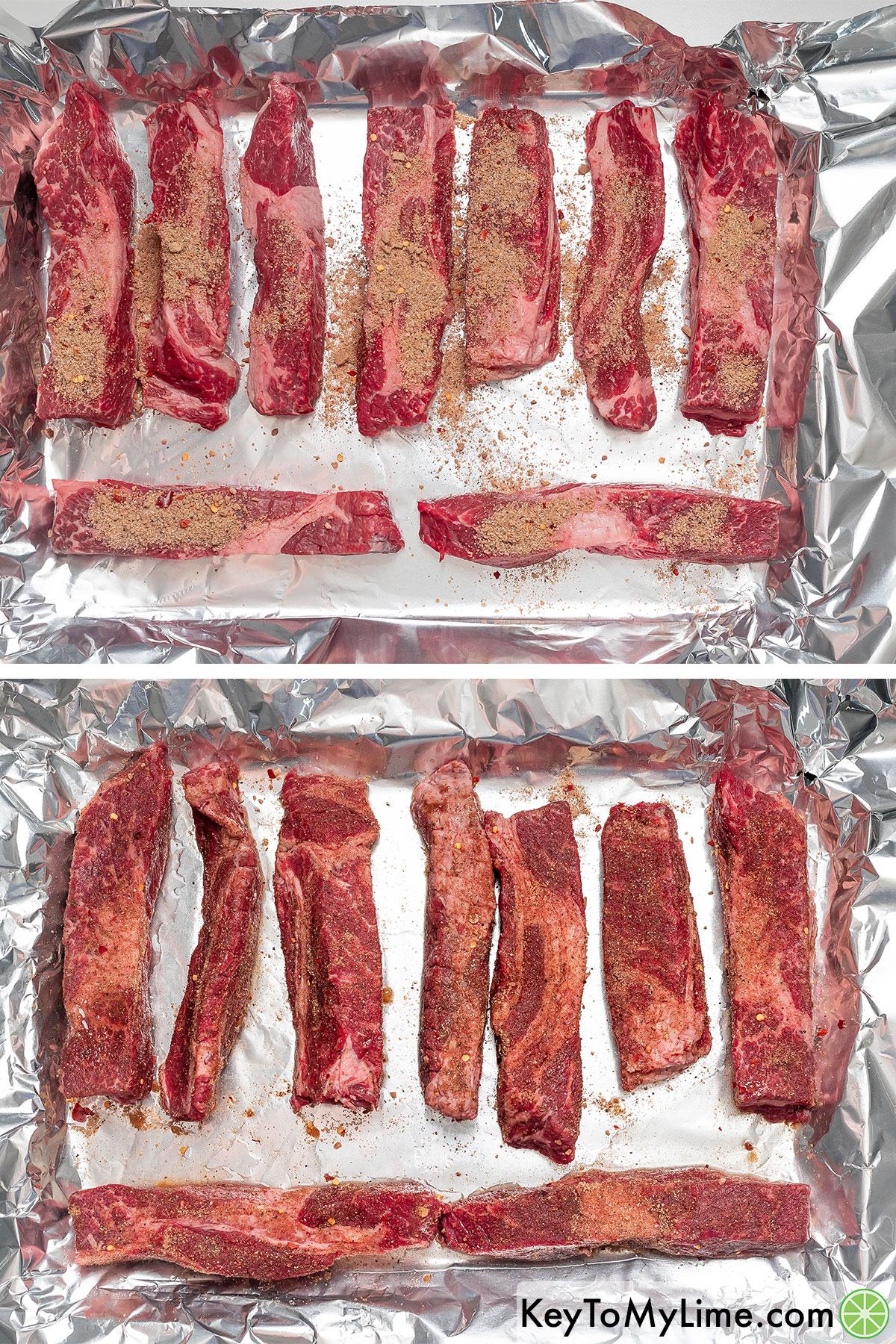Laying the beef ribs on a lined baking sheet, and then applying the dry rub to all sides.