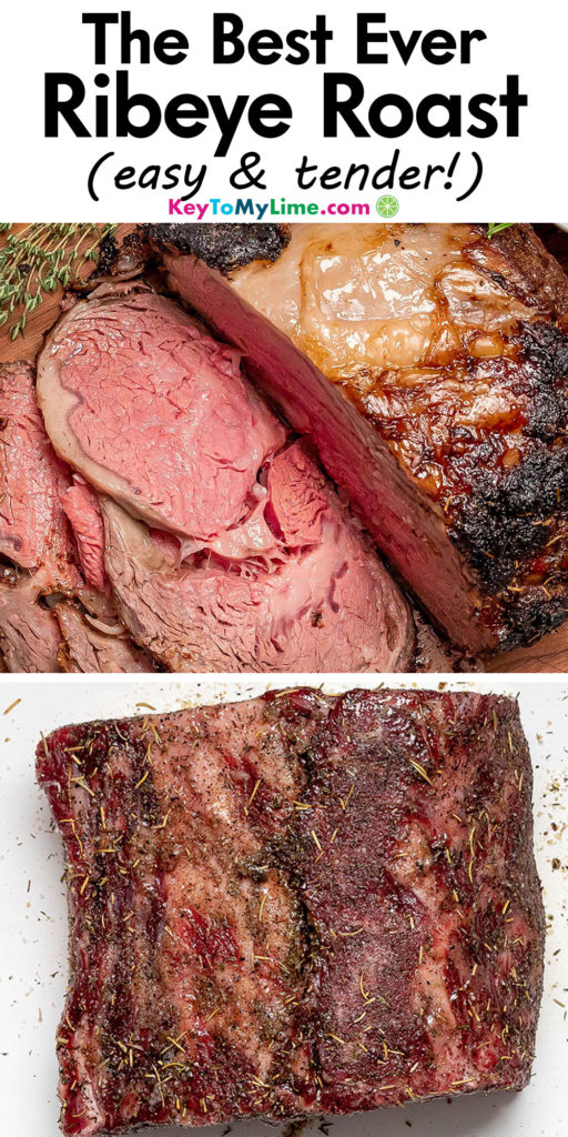 A Pinterest pin image with a picture of ribeye roast with title text at the top.