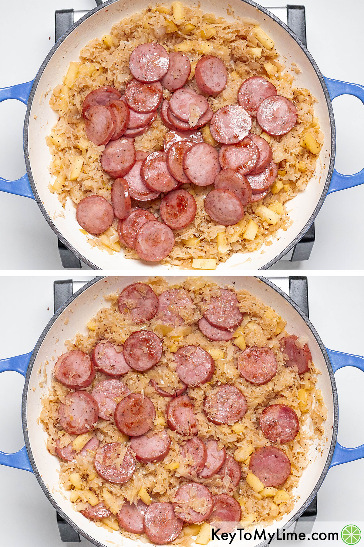 Adding browned kielbasa rounds to the skillet with sauerkraut, and then mixing together.