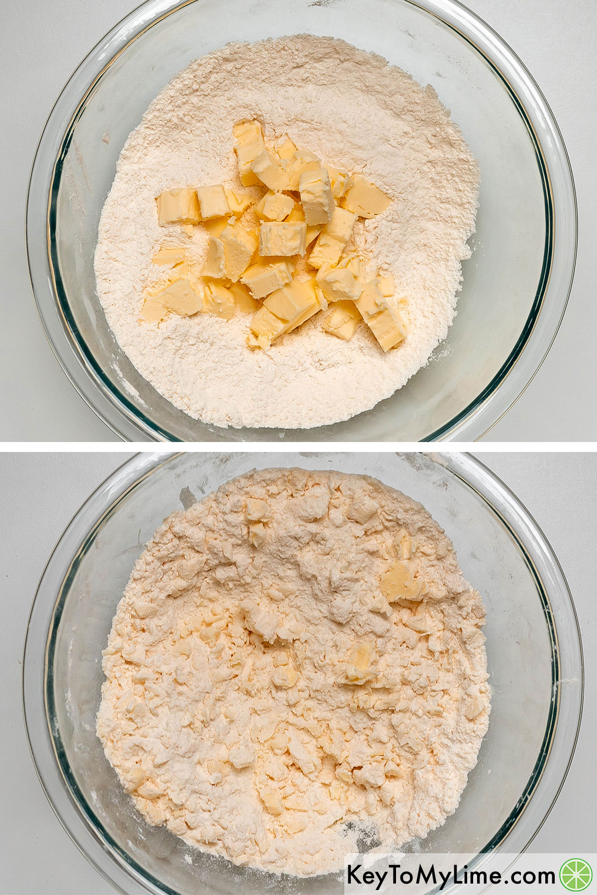 Adding cold cubed butter to the flour mixture, and then cutting with a pastry cutter until reaching a coarse crumble.