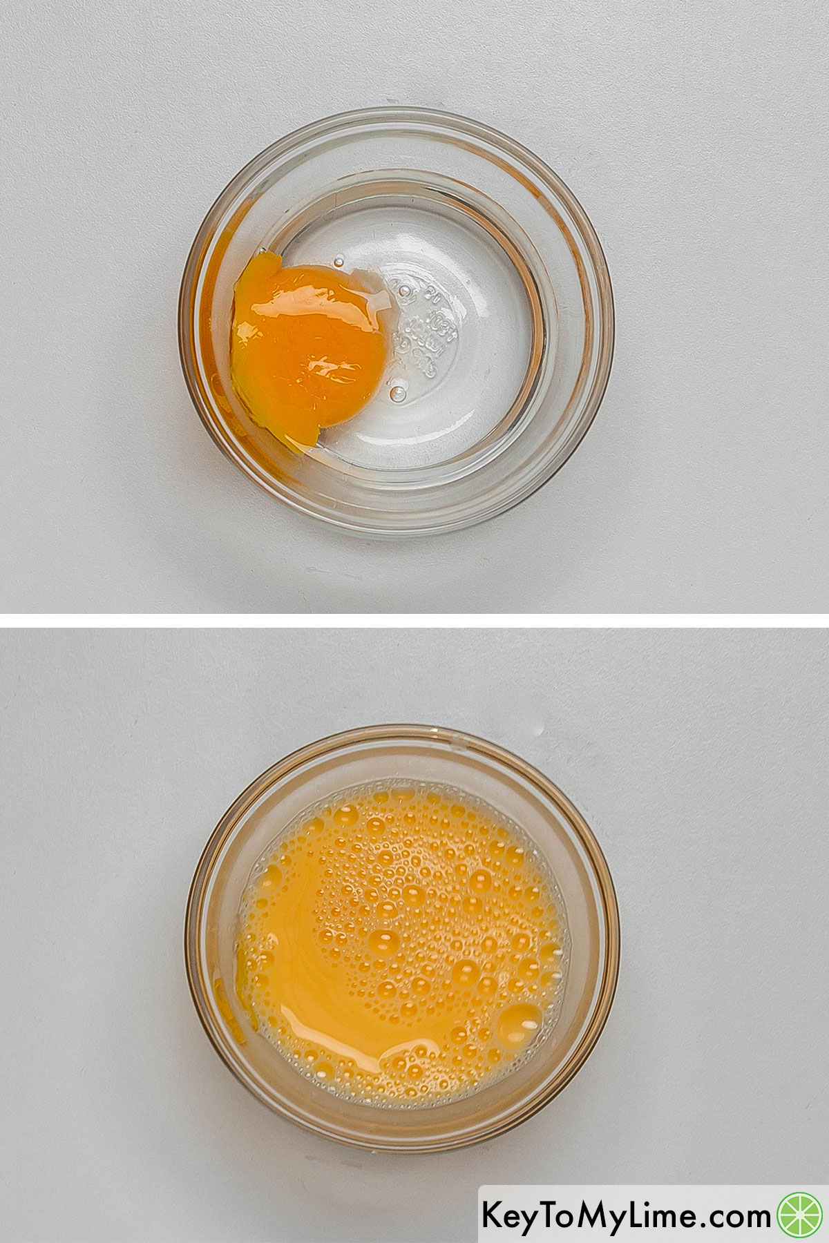 Adding egg yolk and cold water to a small mixing bowl, and then whisking.