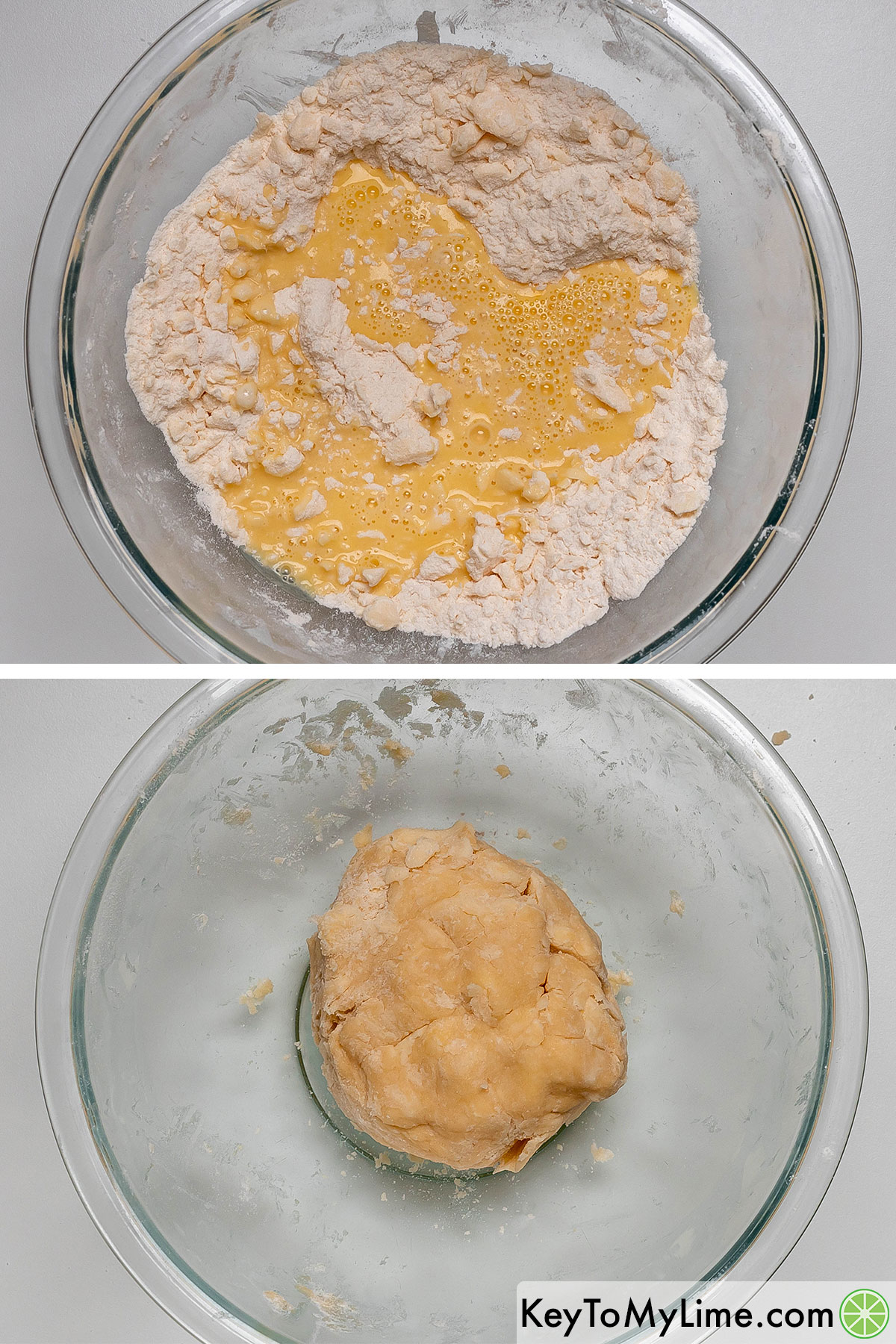 Adding the egg mixture to the flour, and then mixing together before forming into a ball.