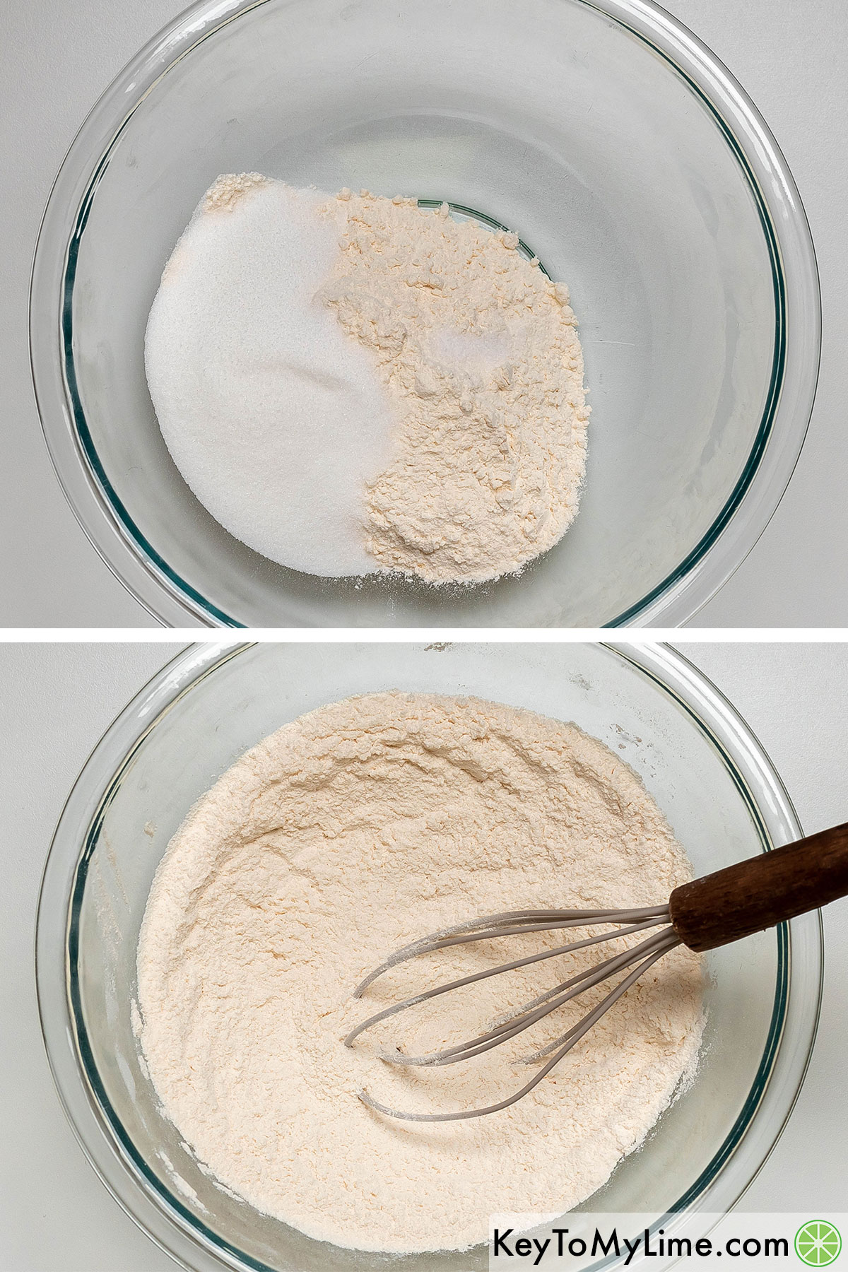 Adding flour, salt, and sugar to a large mixing bowl, and then whisking together.