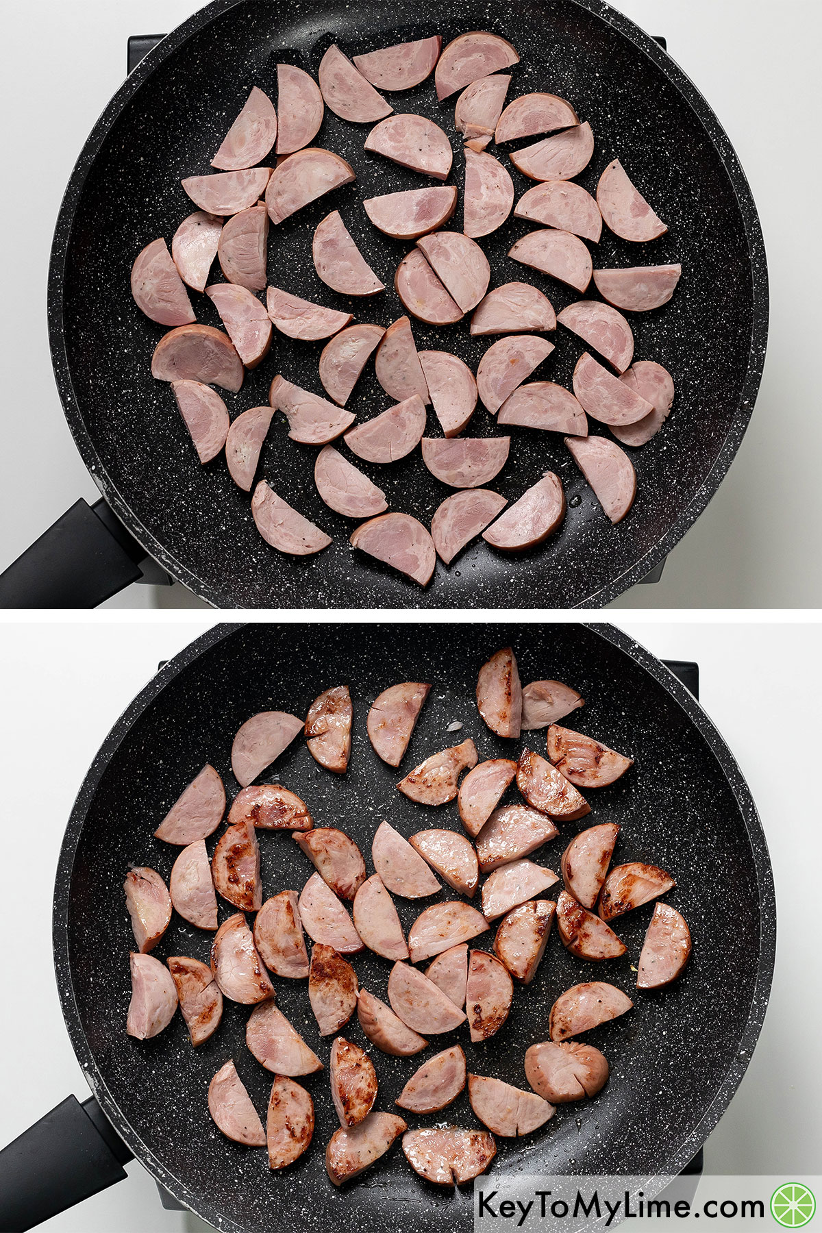 Adding kielbasa chunks to a hot skillet and browning both sides before transferring to a clean plate.