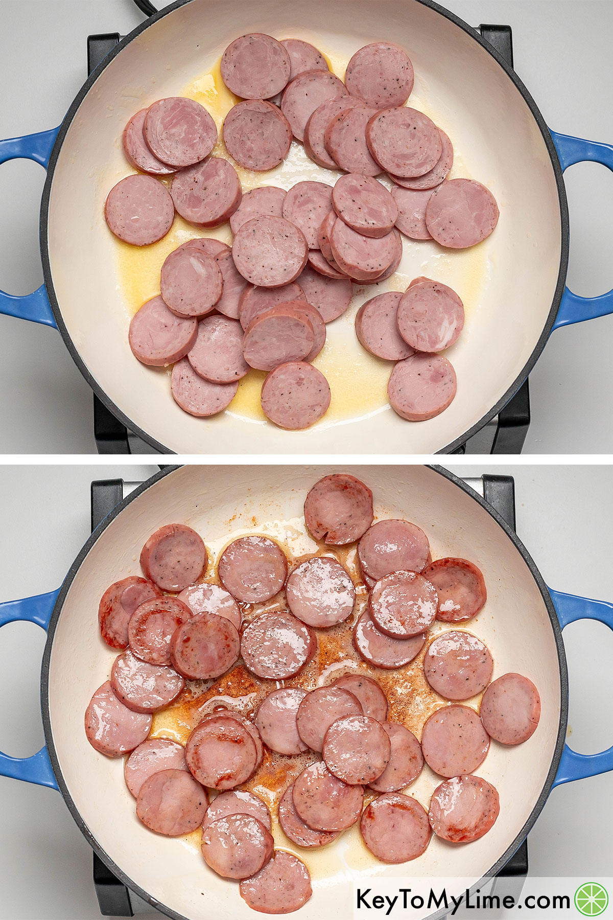 Adding kielbasa to the heated skillet with butter, and then cooking until browned.