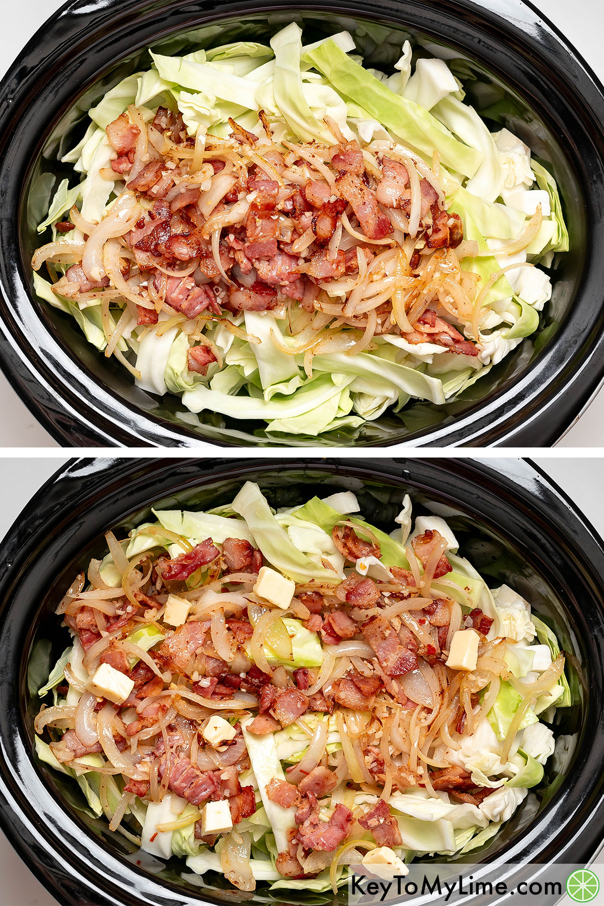 Adding onions to the crockpot with cabbage and bacon, and then adding liquid and butter pieces.