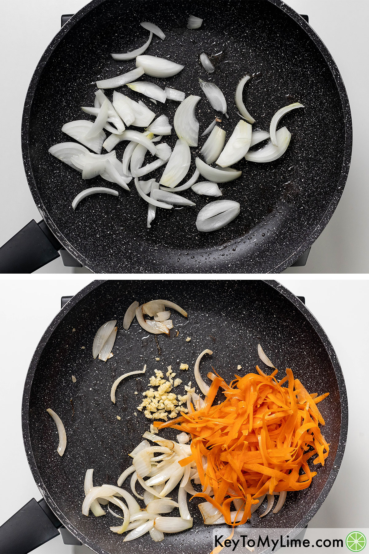 Adding the remaining oil and onions to a hot skillet, and then cooking until translucent before adding carrots and garlic.