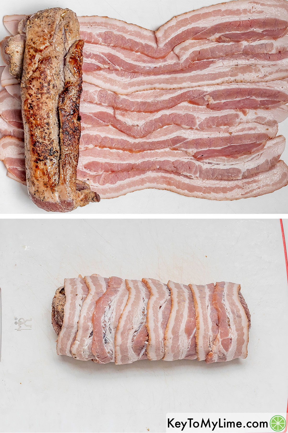 Adding the seared pork tenderloin to the slices of bacon, and then wrapping around until fully covered.