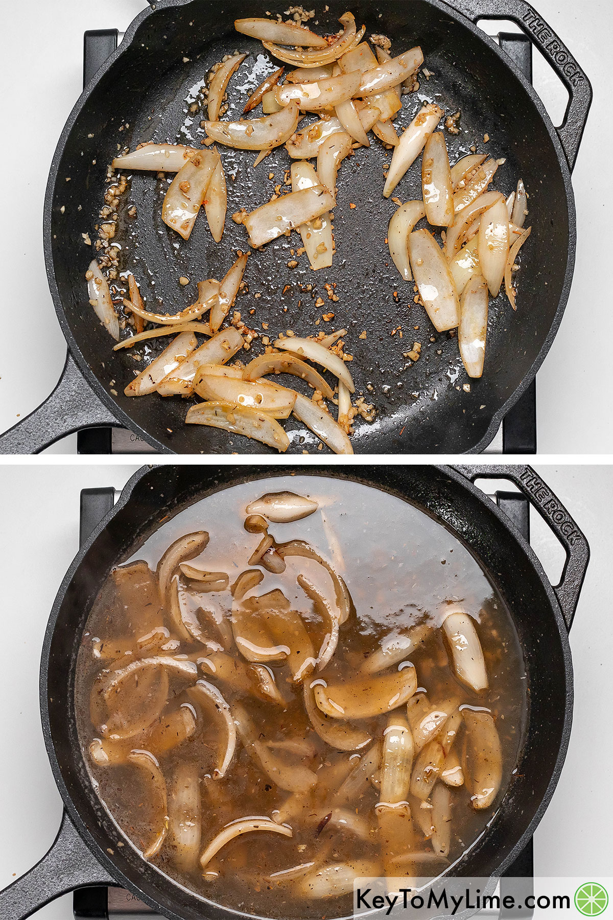 Sauteing onions in a hot skillet until softened, and then adding chicken broth to the pan.
