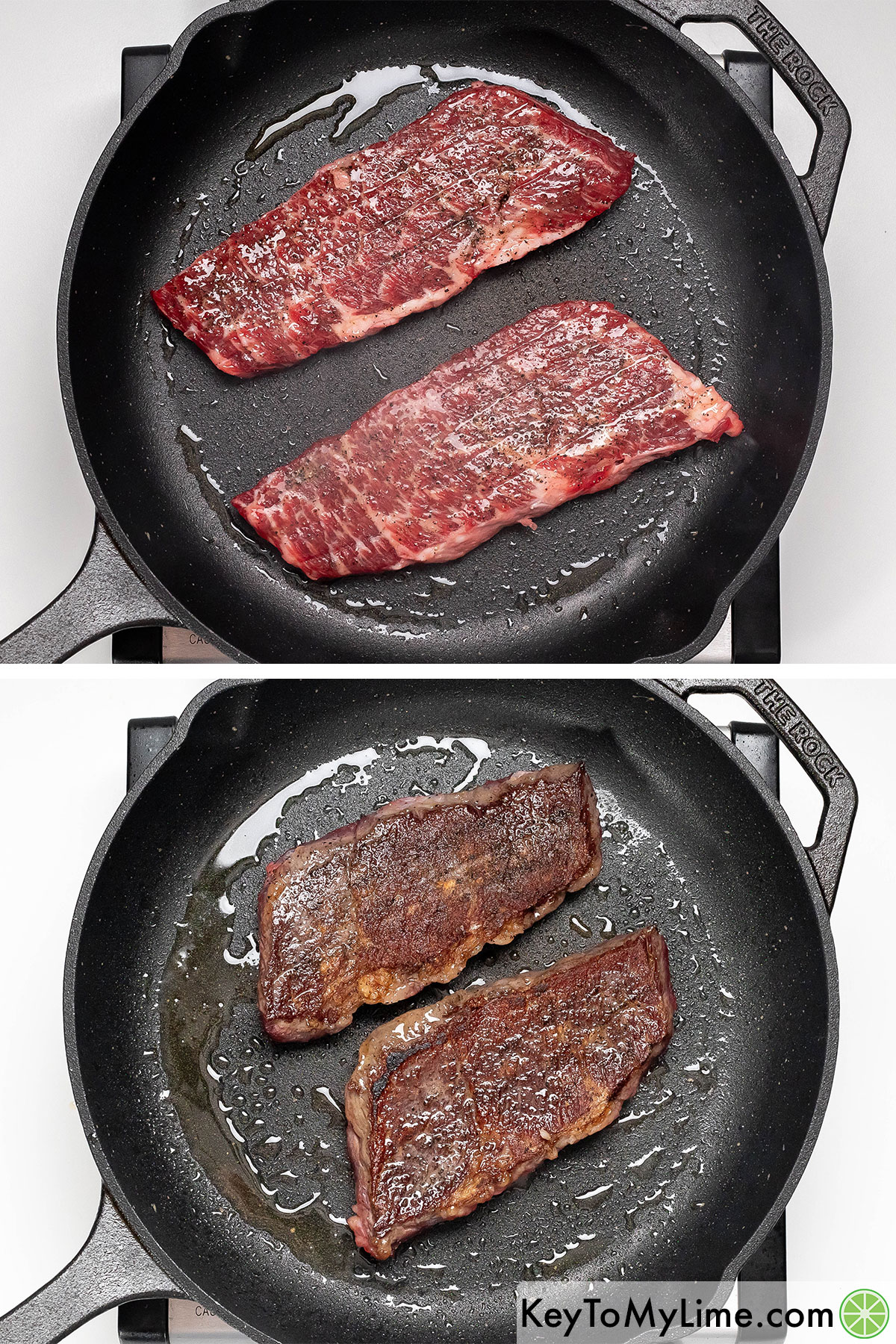 Adding the steaks to a hot skillet, and then searing both sides until cooked.