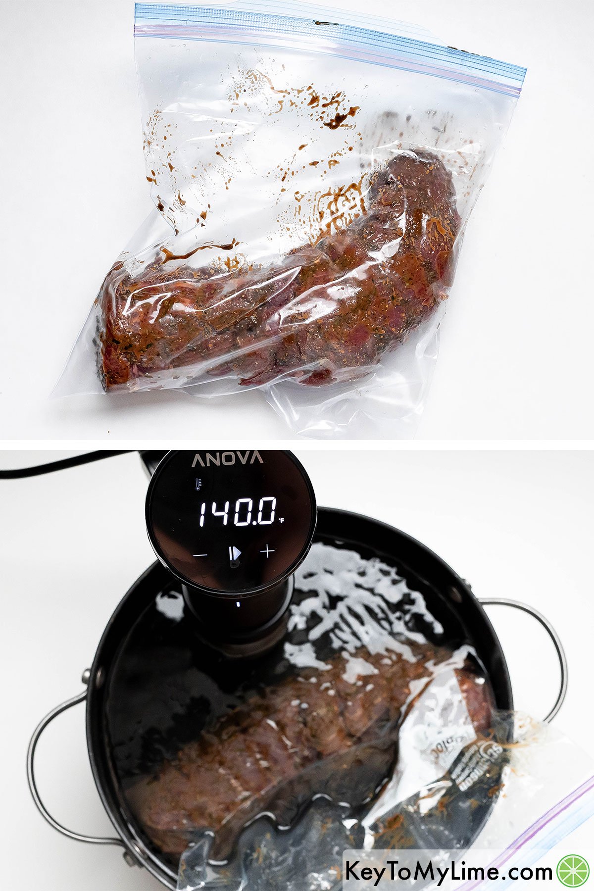 Adding the seasoned tenderloin to a zip lock bag, and then submerging the into water.