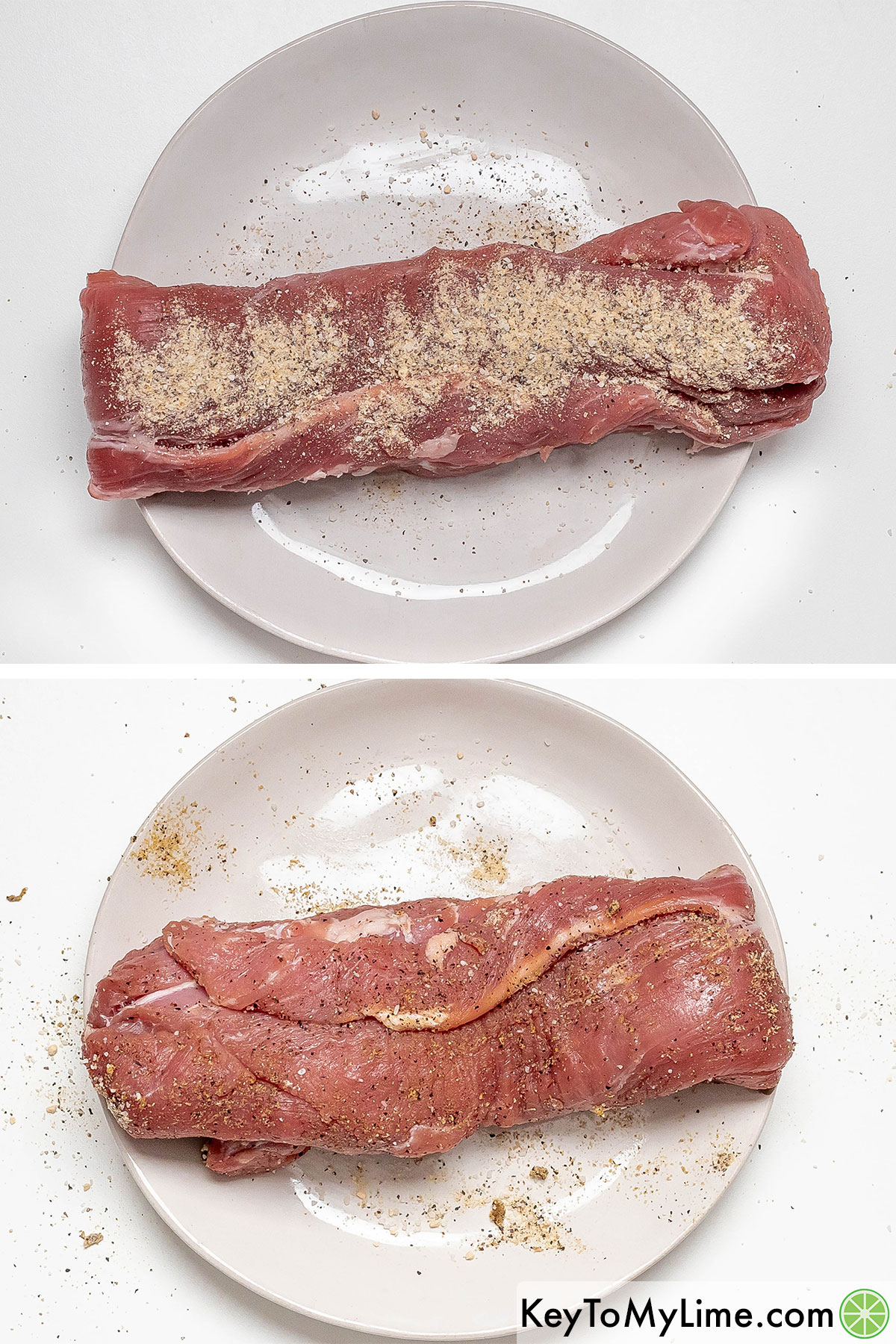 Applying the dry rub to the tenderloin, and then folding for even cooking.