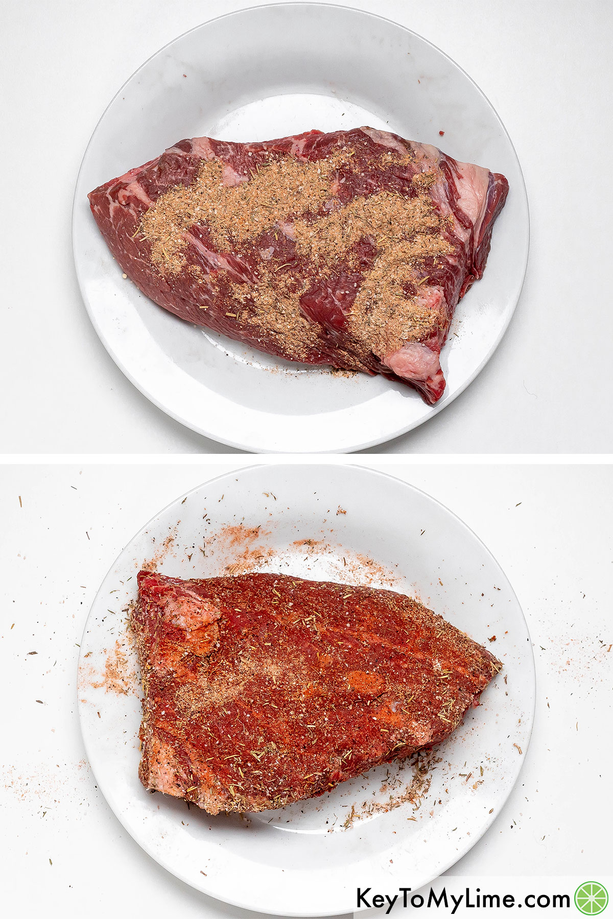 Applying the dry rub, and then massaging the roast until fully coated.
