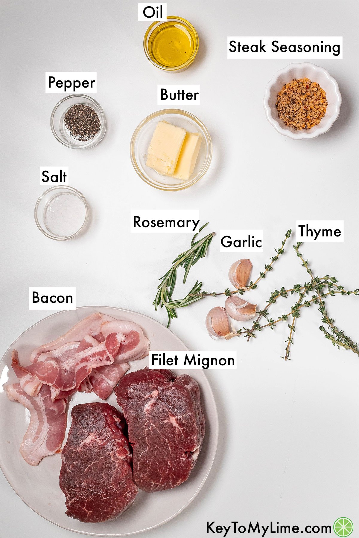 The labeled ingredients for bacon wrapped filet mignon.