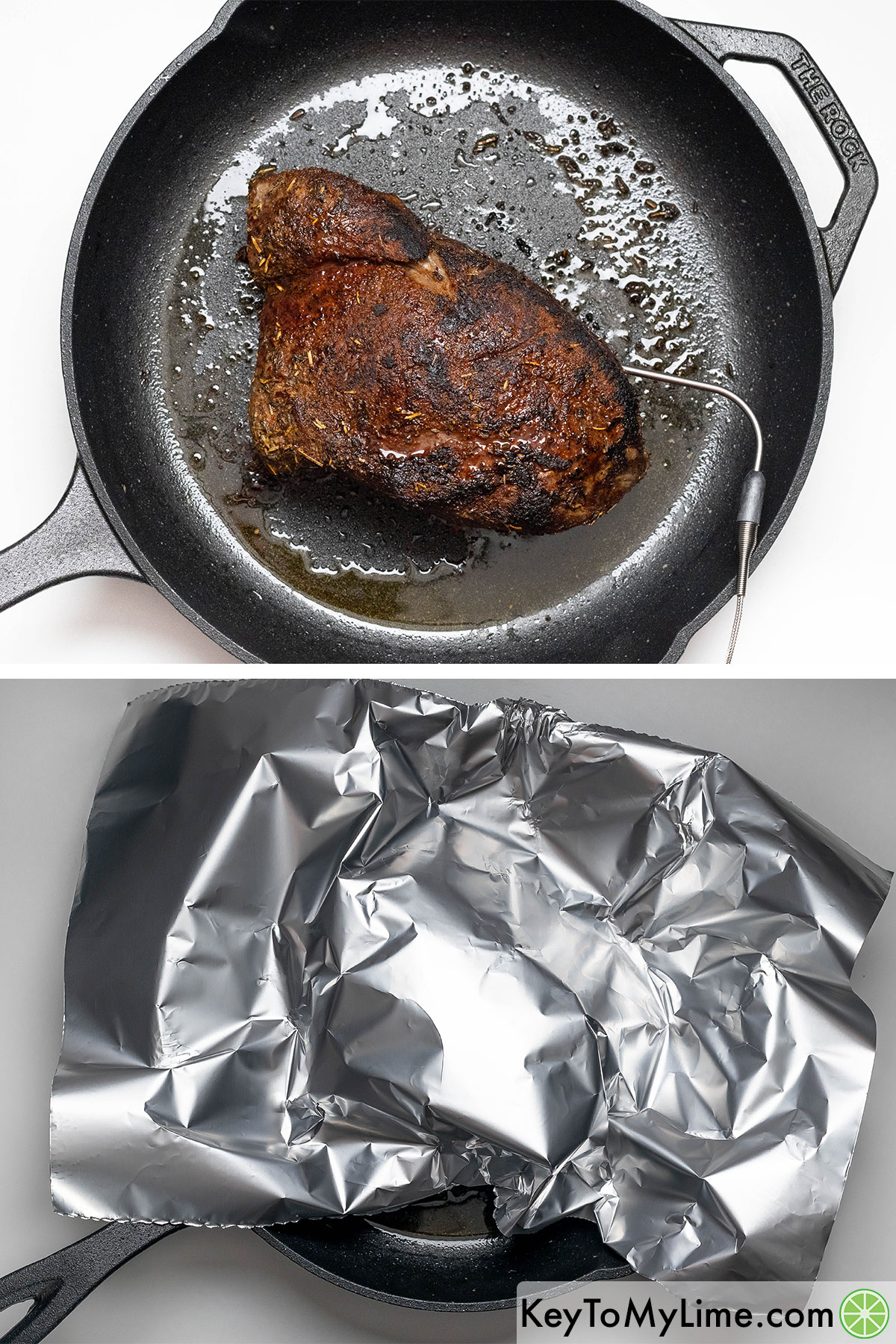 Baking the roast until reaching a temperature of 130F, and then tenting with aluminum foil and resting.