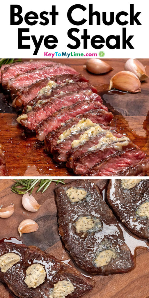 A Pinterest pin image with a picture of chuck eye steak with title text at the top.