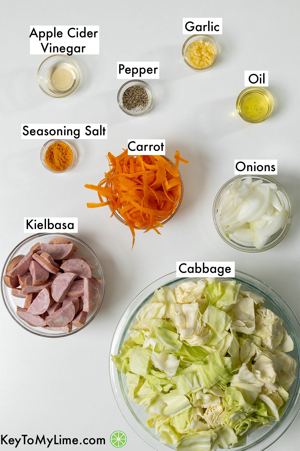 The labeled ingredients for cabbage and sausage.