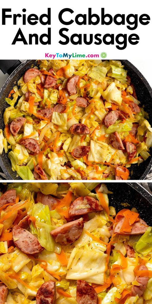 A Pinterest pin image with a picture of cabbage and sausage with title text at the top.